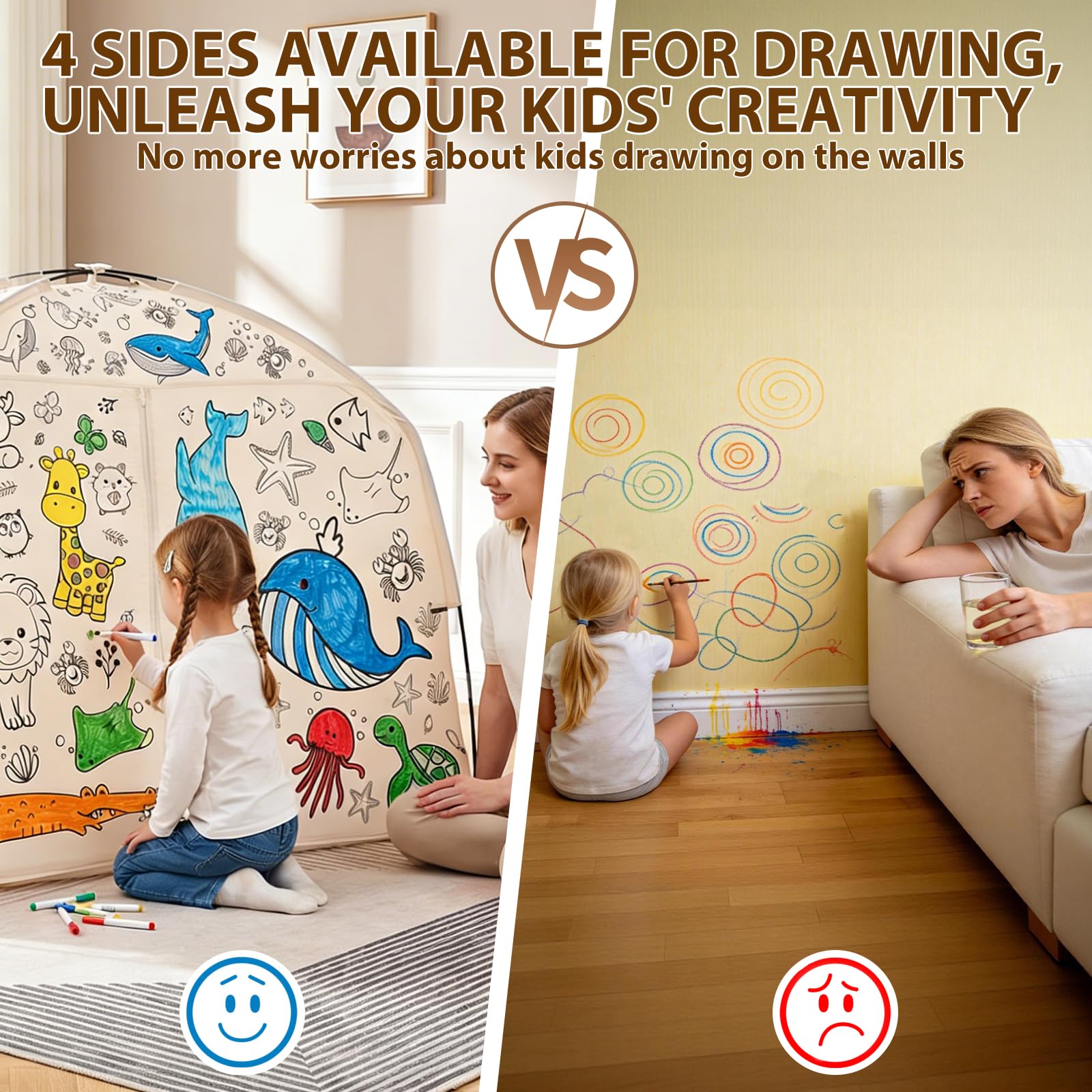 GOLDEN MARS Large Kids Tent with Graffiti DIY Painting, Portable & Foldable Easy Set Up Kids Play Tent, 100% Breathable Twin Bed Tents for Boy Girl