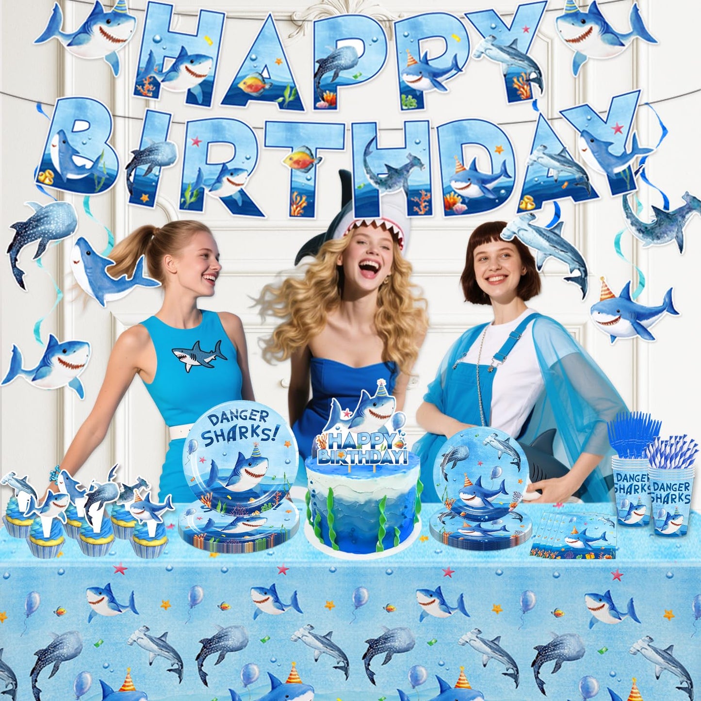 Diosnase Shark Birthday Party Decorations, Shark Party Supplies for 20 Guests with Banner, Hanging Swirls, Tablecloths, Plates, Napkins, Cups, Forks