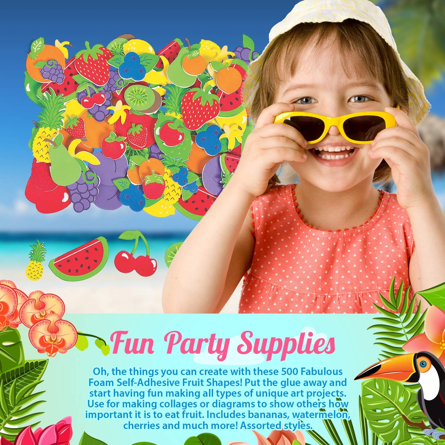 Fun Express 500 Pack Self-Adhesive 3D EVA Foam Stickers for Kids Crafts - Fruit Shapes Sticker Bulk for Classroom, Preschool Art Supplies, Toddler
