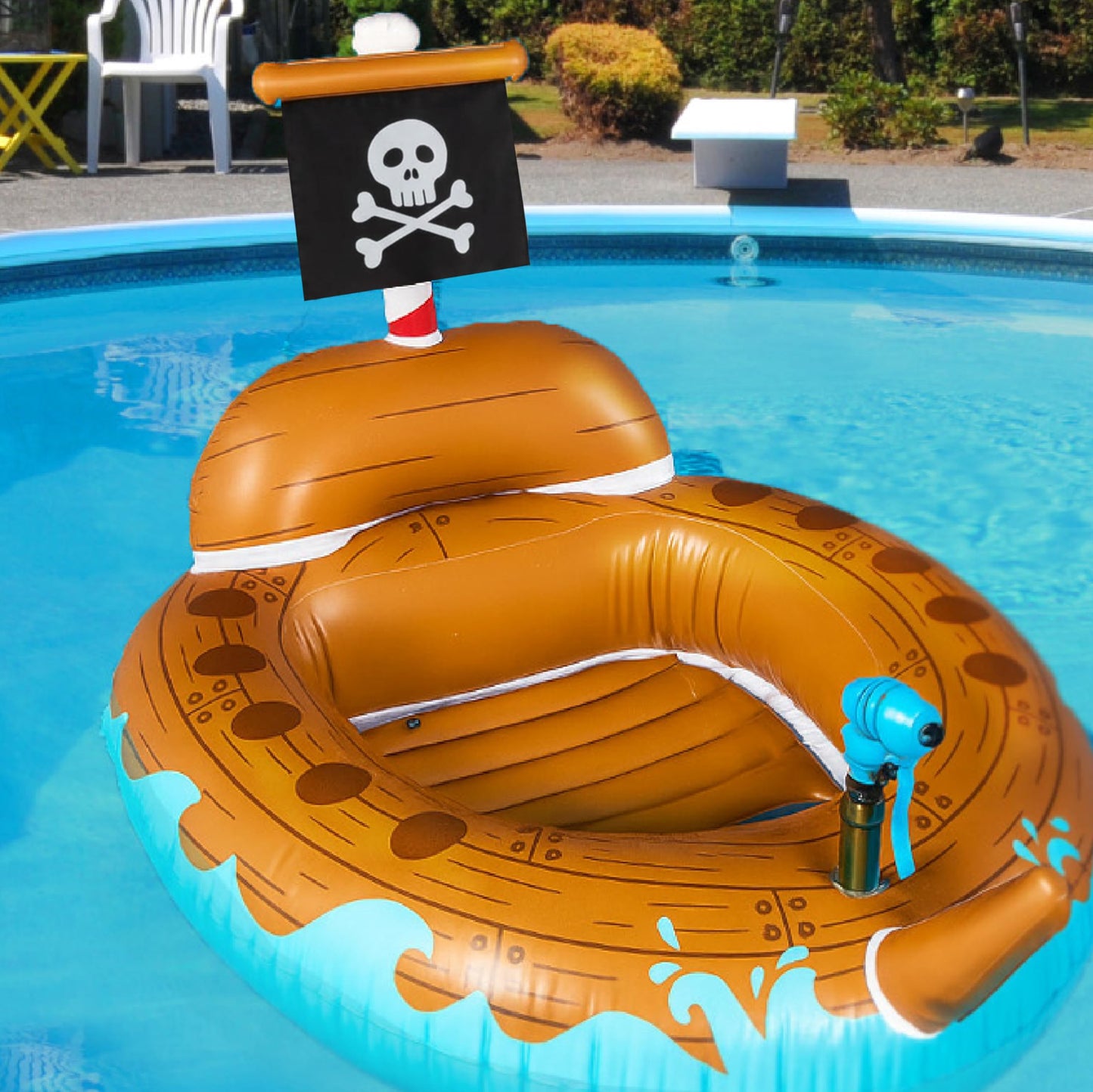 Pirate Ship Water Blaster Float, Inflatable Ride-On with Spray Gun for Kids, Outdoor Swim Toy