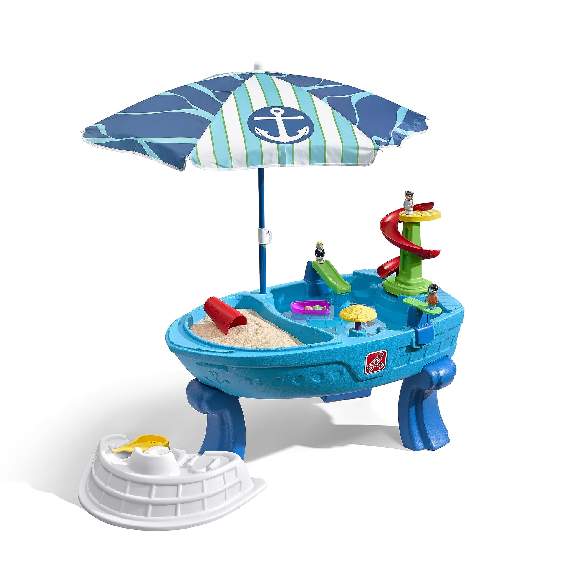 Step2 Fiesta Cruise Sand & Water Table with Umbrella, Kids Activity Sensory Playset, Summer Outdoor Toys, 10 Piece Water Toy Accessories, for Toddlers