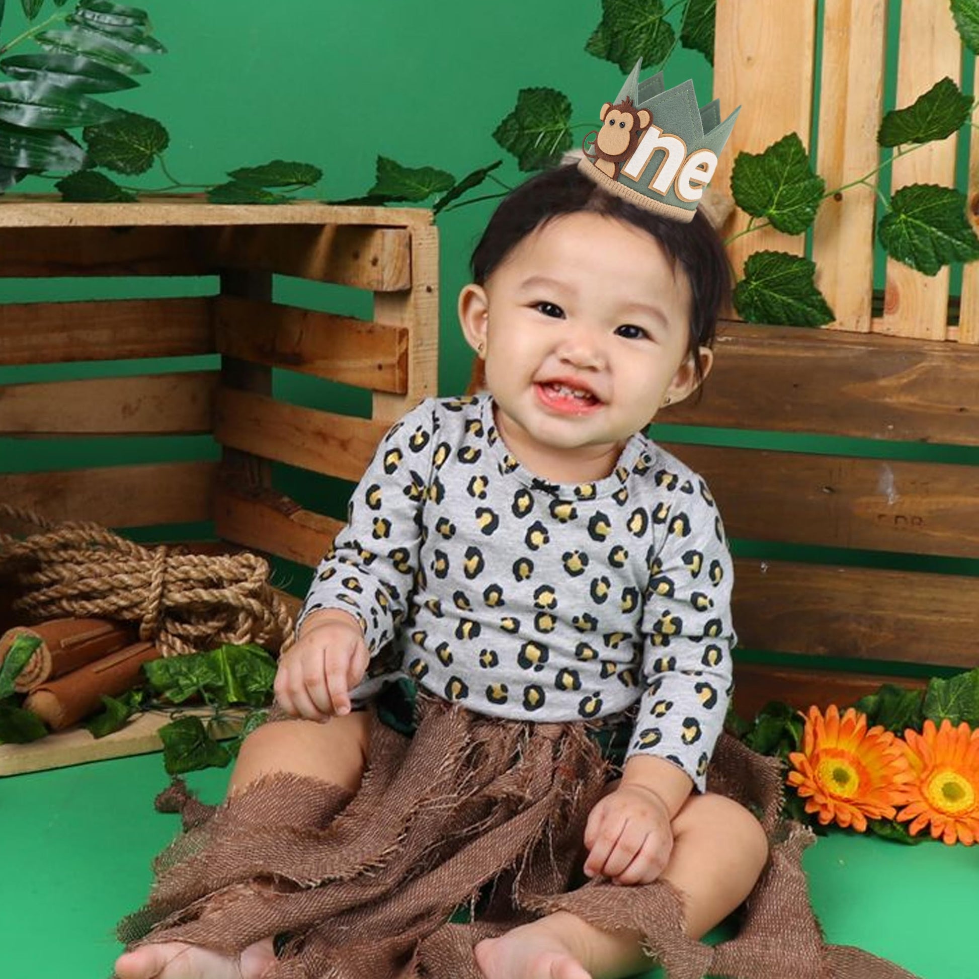 Agvgaza Monkey 1st Birthday Crown/Hat - Wild One Olive Green Safari Hat, Jungle Party Decor, Photo Prop for Boys