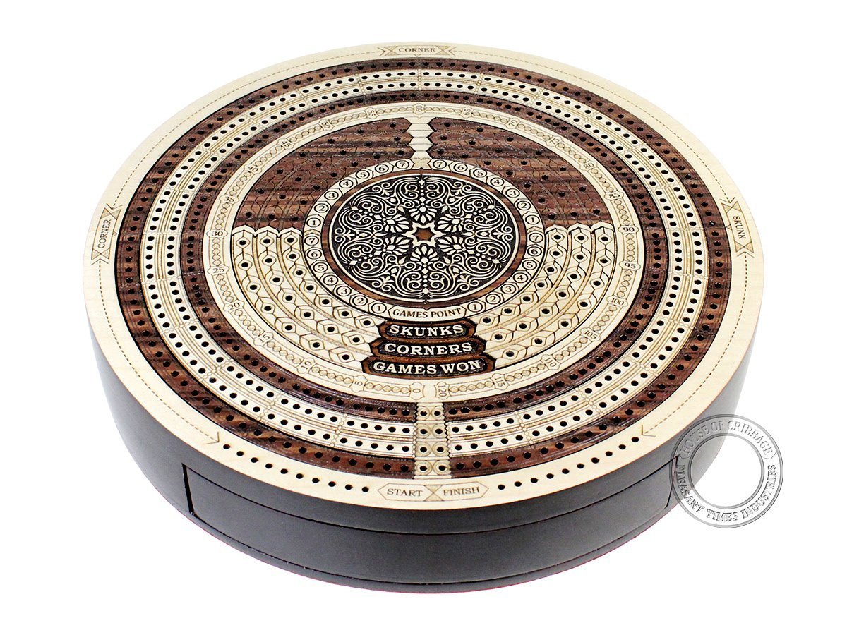 House of Cribbage - 10" Round Shape 4 Tracks Continuous Cribbage Board Rosewood/Maple - Push Drawer with Score Marking Fields for Skunks, Corners