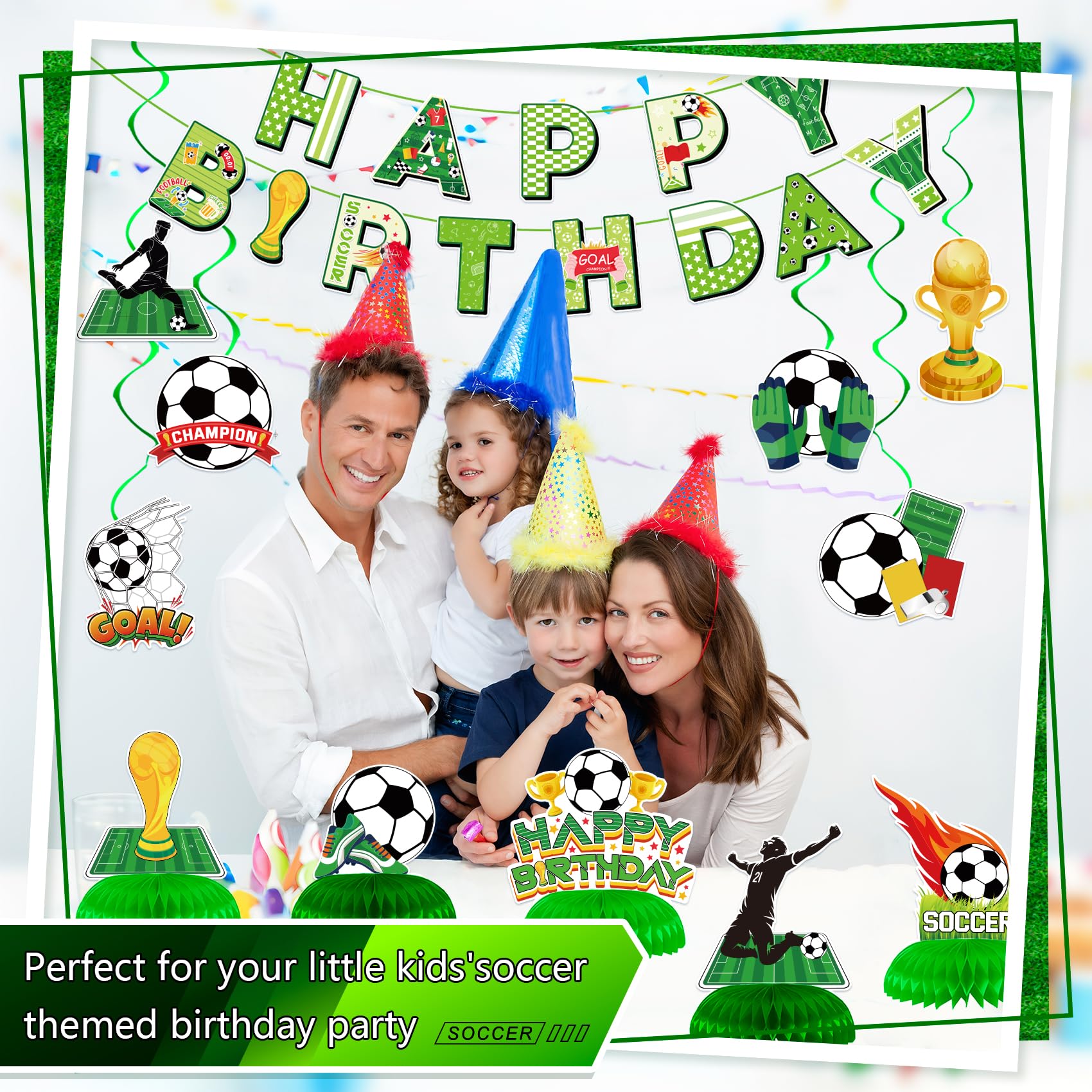 Soccer Birthday Party Decorations - Soccer Party Decorations Includes Happy Birthday Banner Soccer Hanging Swirls Honeycomb Centerpieces for Girls