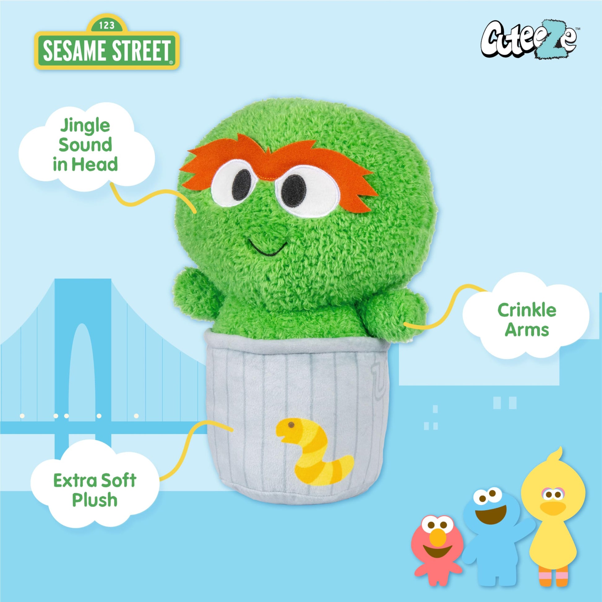 Kids Preferred Sesame Street Oscar the Grouch Stuffed Plush Toy 12 Inch Extra Soft Plushie for Kids, Crinkle Sound in Hands, Rattle in Head