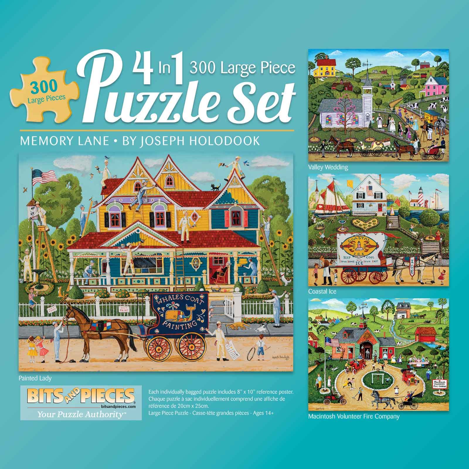 Bits and Pieces - 4-in-1 Multi-Pack 300 Piece Jigsaw Puzzles for Adults - Memory Lane 300 pc Puzzle Set Bundle by Joseph Holodook - Puzzles Measure