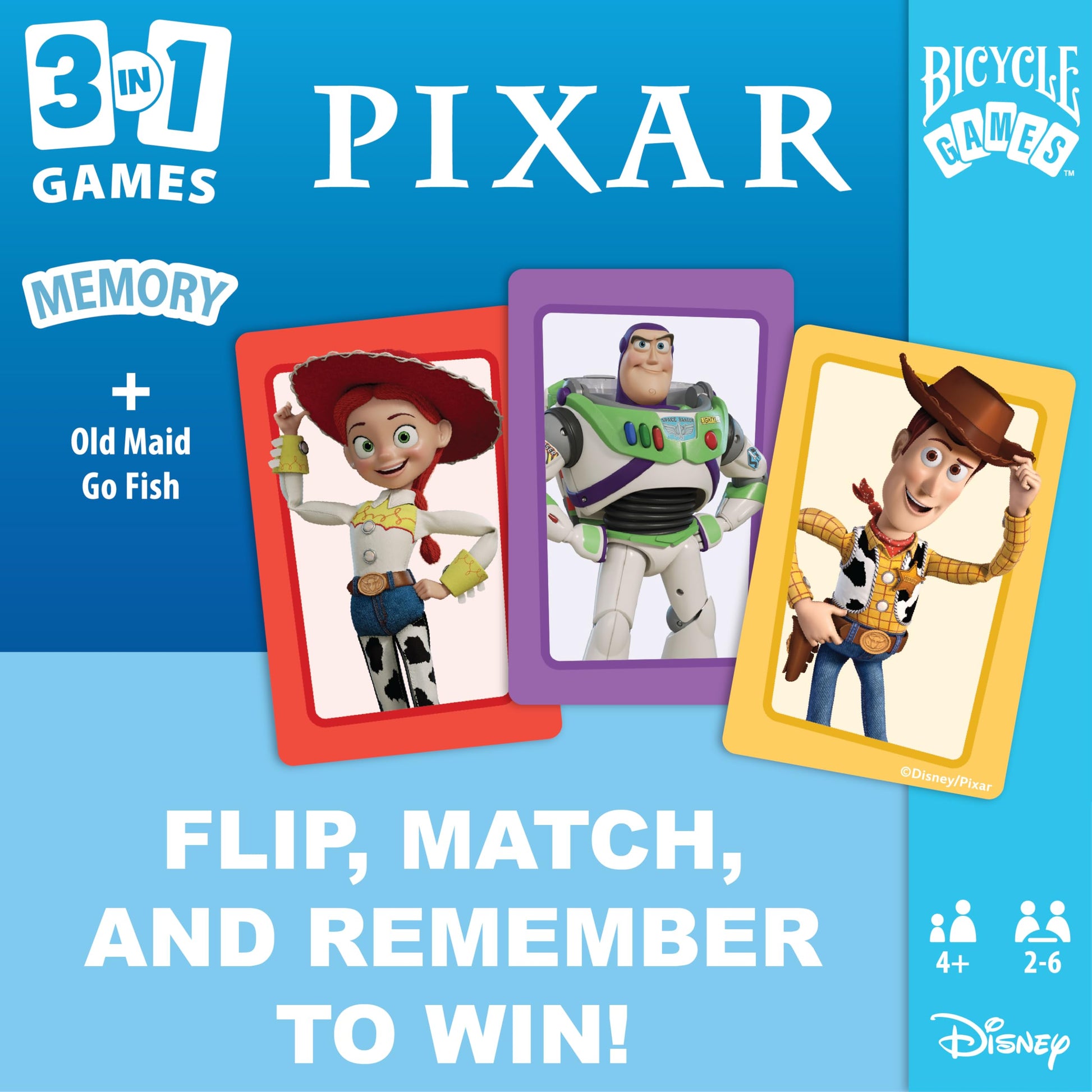 Bicycle Disney and Pixar 3-in-1 Card Games, Old Maid, Go Fish & Memory, Featuring Toy Story, Finding Nemo & Inside Out Characters, Kids Card Games