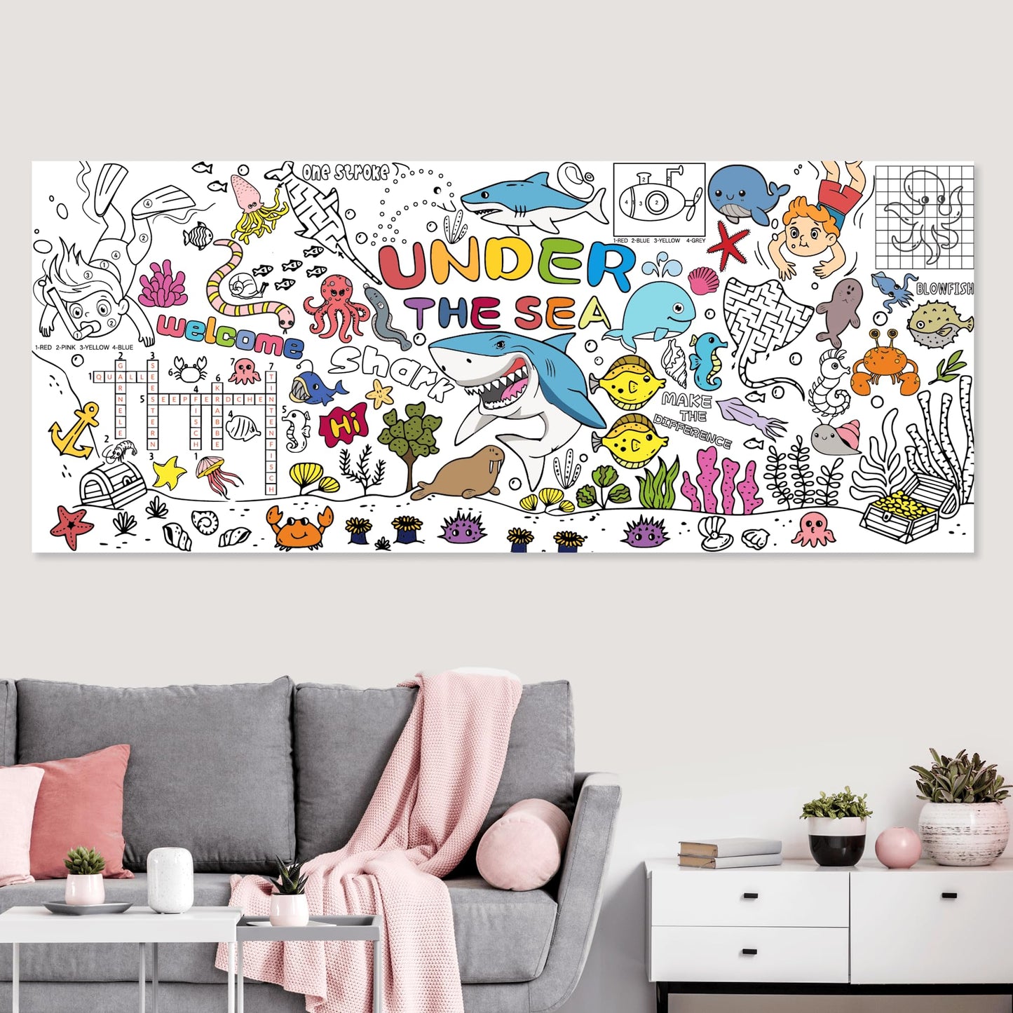 PURPLIZATION Under The Sea Party Decorations Coloring Tablecloth & Giant Poster 30x72 Inch - Ocean Theme Kit with Treasure Hunt Game, Sea Animal