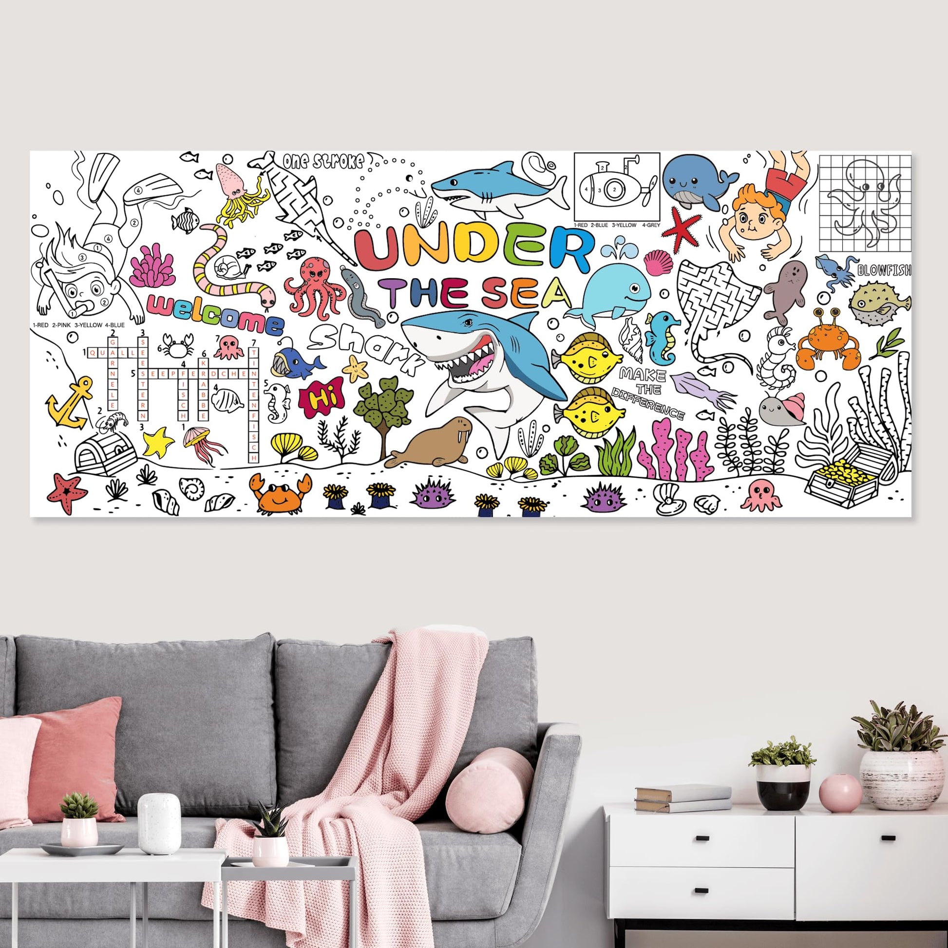 PURPLIZATION Under The Sea Party Decorations Coloring Tablecloth & Giant Poster 30x72 Inch - Ocean Theme Kit with Treasure Hunt Game, Sea Animal