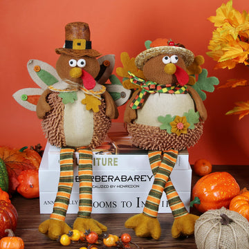 Ogrmar 15 Inch 2 Pack Stuffed Turkey Couple Doll Thanksgiving Tabletop Decorations Exquisite Handmade Turkey Plush Doll Kit for Autumn Harvest Home