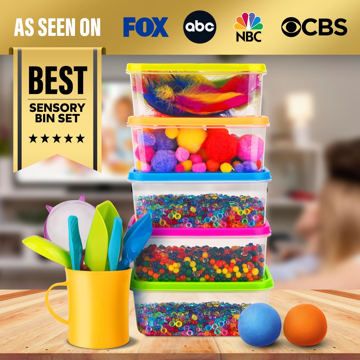 LOLO TOYS Sensory Kit for Toddlers and Kids - Includes 6 Bins with Lids, Play Tools, Sand, Feathers, Clay, Color Beads and Pom Poms Kids Box Fillers