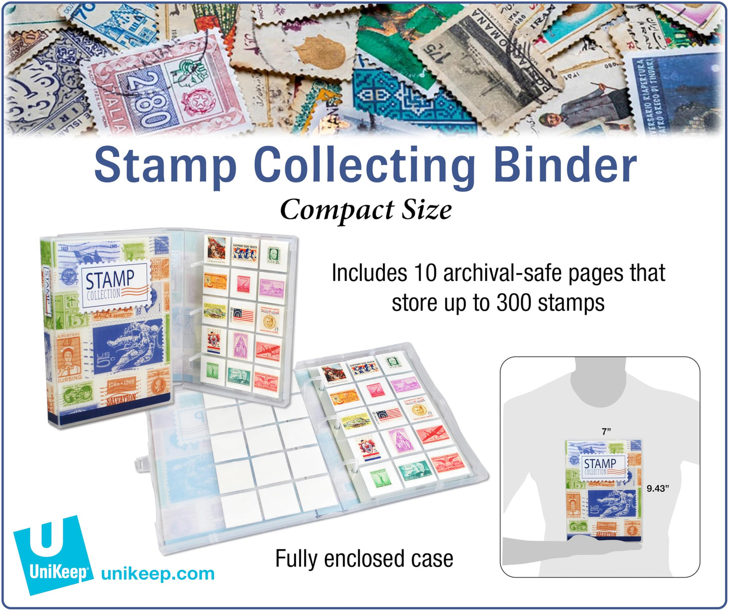 Stamp Collection Album Binder with 10 Archival Safe Pages - Compact 3-Ring Postage Stamp Storage Case with Snap Lock, Holds 150-300 Stamps - Includes