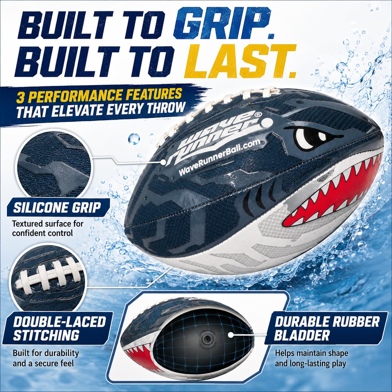 Wave Runner Grip It Shark Football, Waterproof Pool & Beach Football with Silicone Grip, 9.25 Inch Kids Football for Swimming Pool, Beach, Lake