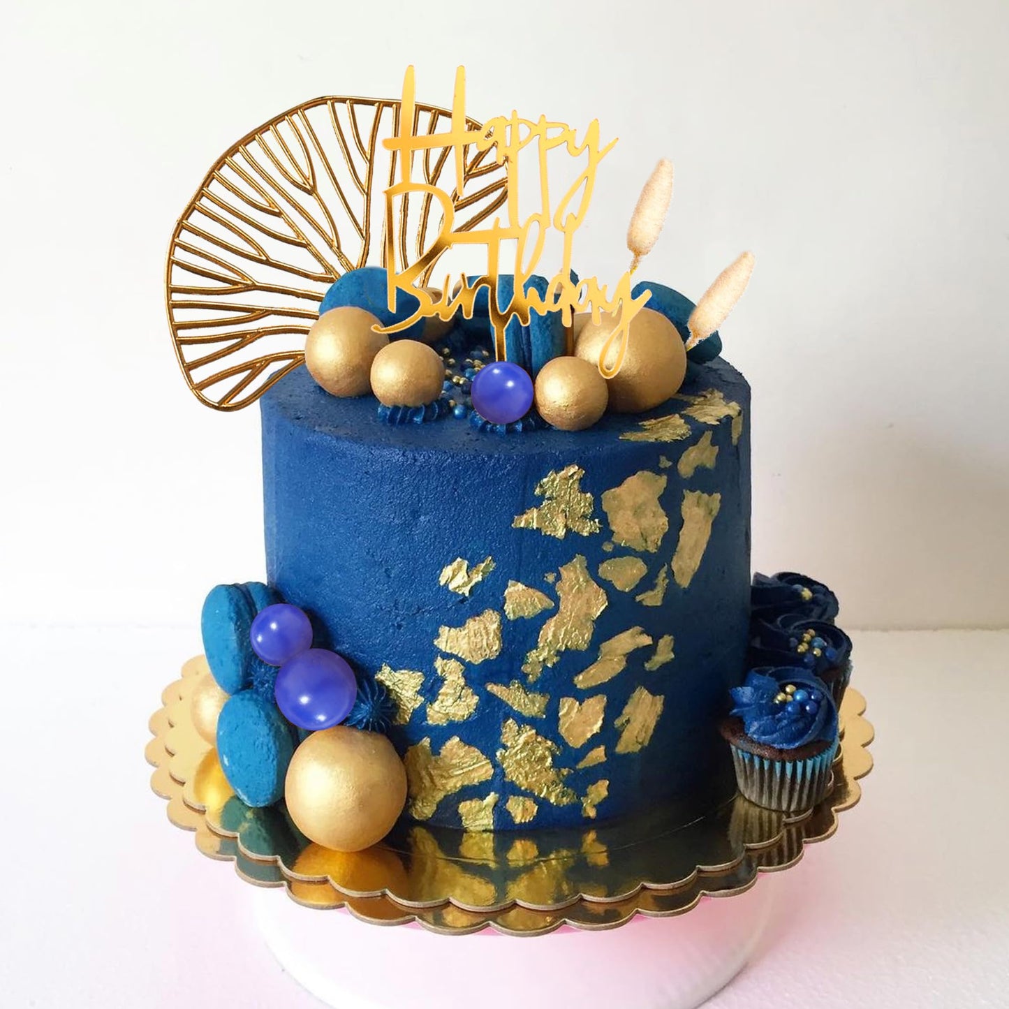 Boho Cake Topper Gold Blue Balls Cake Decorations Palm Leaves Boho Grass for Wedding Birthday (03)