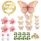 Pink Flower Butterfly Cake Toppers Happy Birthday Decoration with Artificial Pink Rose Flowers Eucalyptus for Birthday Wedding Spring