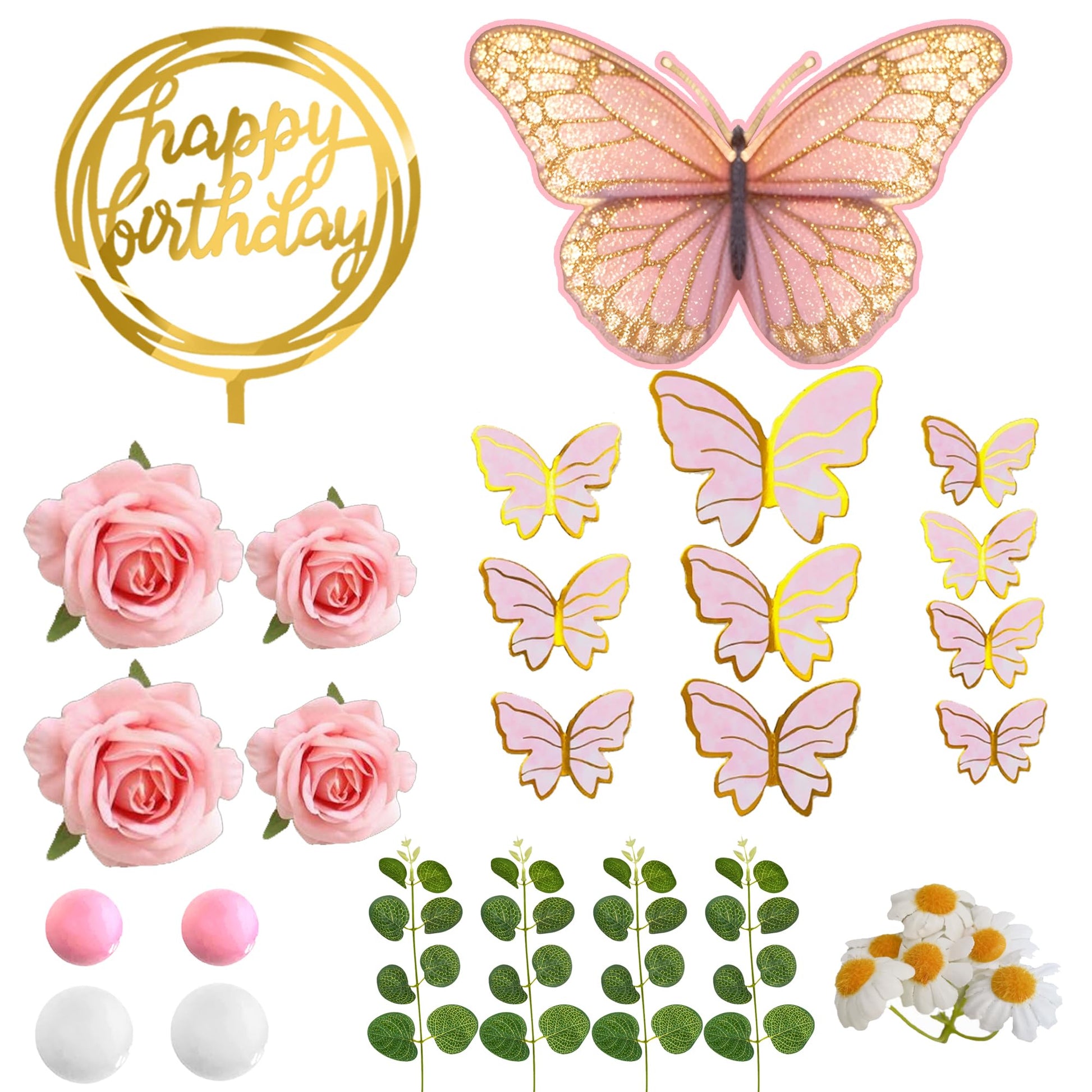Pink Flower Butterfly Cake Toppers Happy Birthday Decoration with Artificial Pink Rose Flowers Eucalyptus for Birthday Wedding Spring