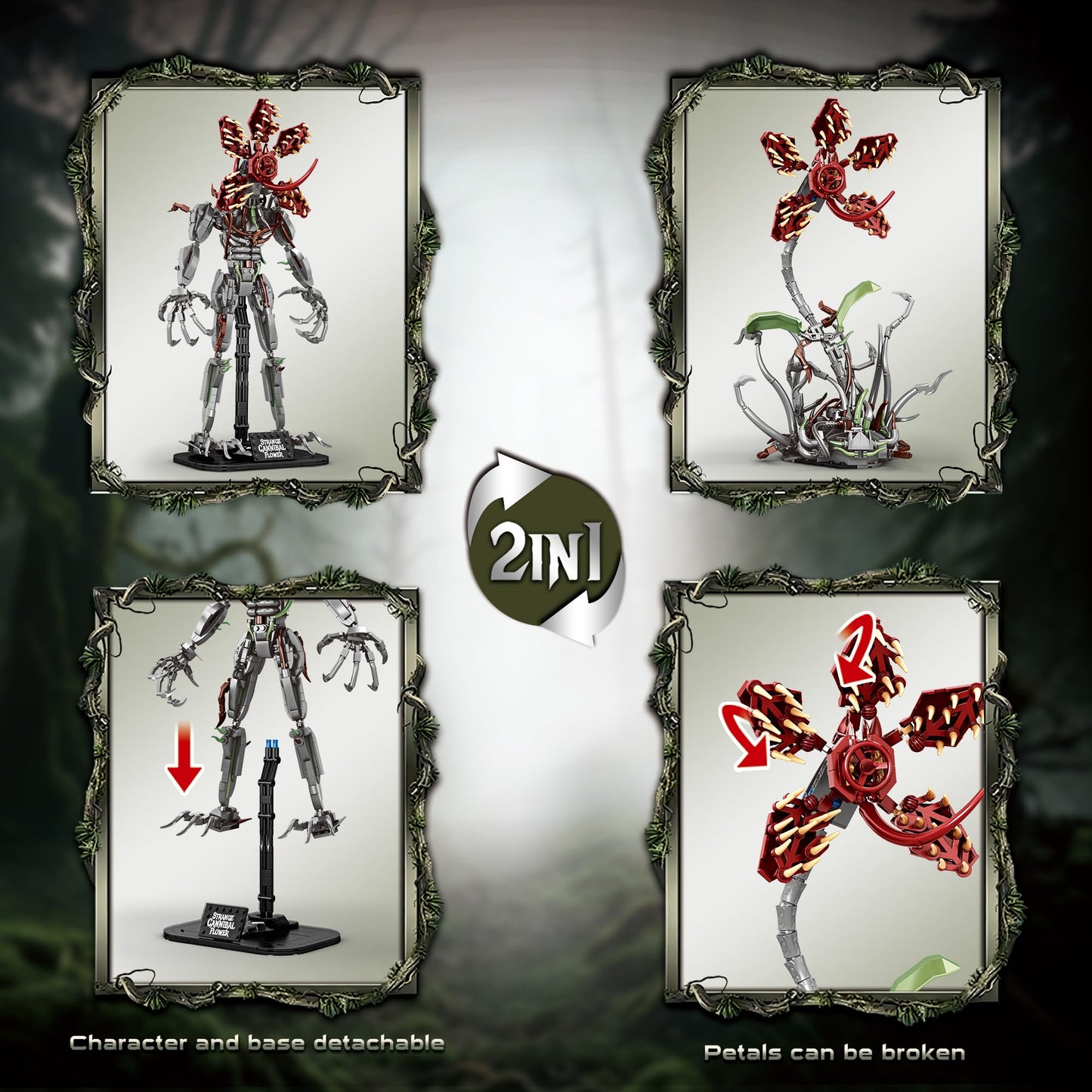 LQPFBSM 2-in-1 Strange Cannibal Flower Building Block Set 858 Pcs Botanical Monster Action Figure for Adults & Teens Sci-Fi Horror Creature Model Kit