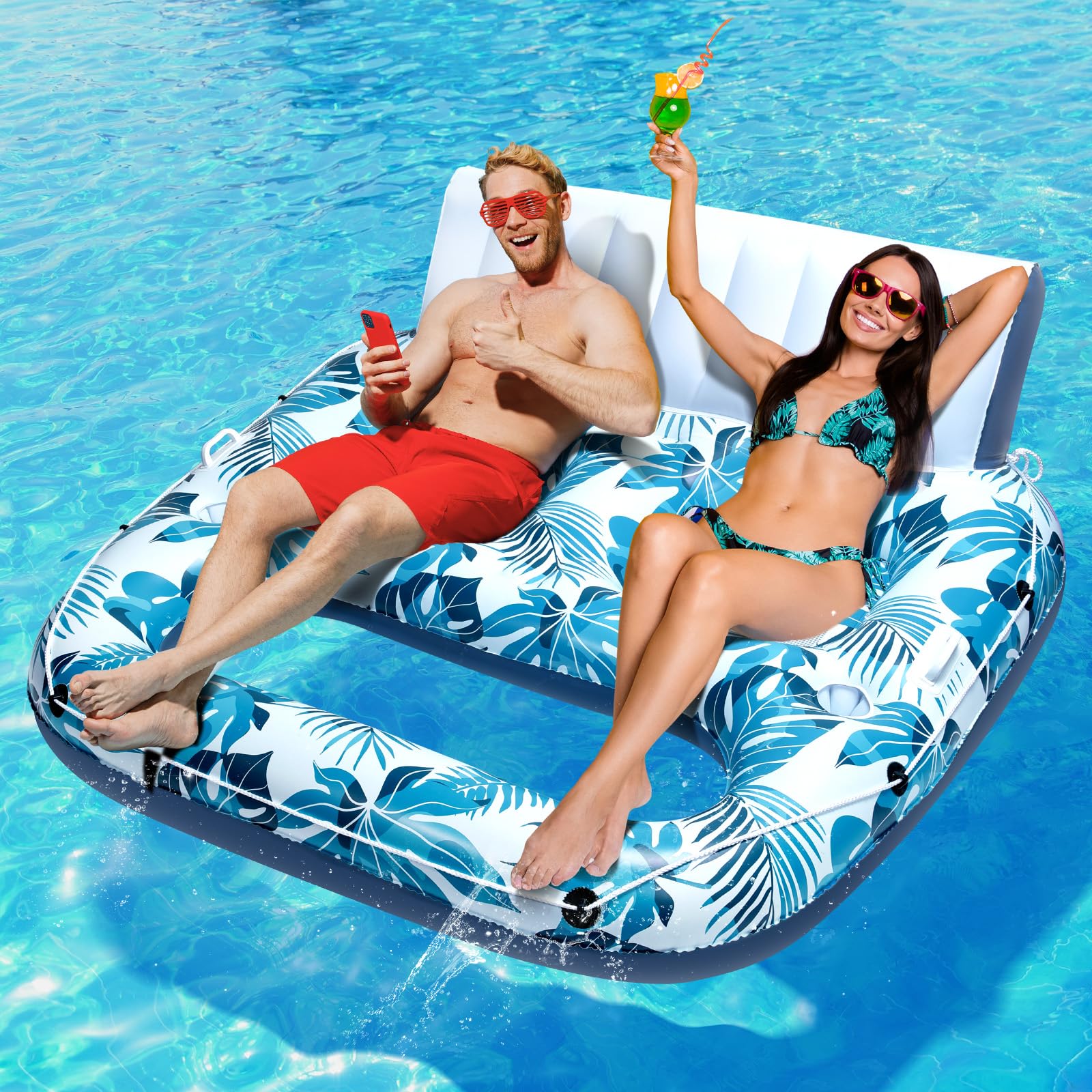 JCLEAL Pool Float Lounger Adult Inflatable Pool Floaties Rafts for 2 Person Extra Large Recliner Tanning Lounge Chair Water Floaty with Backrest