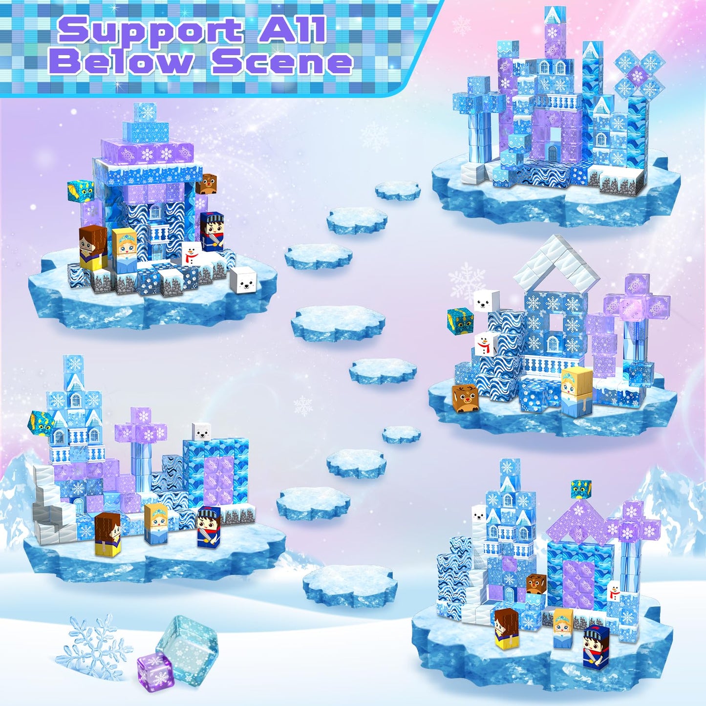 Magnetic Blocks - 100Pcs 0.8in Magnetic Building Block for Kids Ages 4-8, Transparent Magnet Block Blue Princess Castle, Frozen Magnetic Cubes Tiles