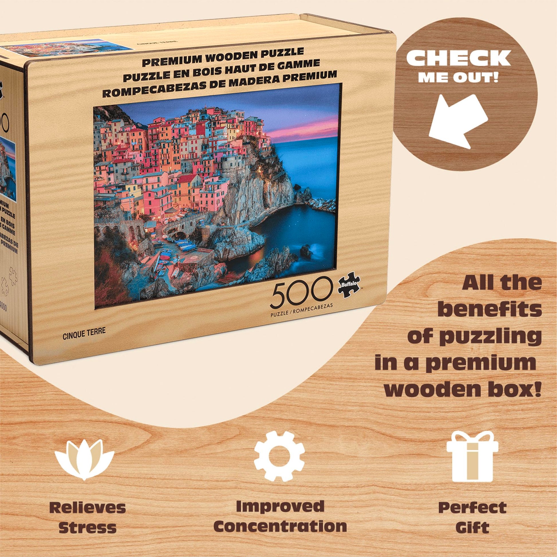 Buffalo Games - 500 Piece Wooden Jigsaw Puzzle - Cinque Terre - Standard Cut Pieces - Wooden Box - Full Size Poster, Ages 14 - Precision-Cut Pieces