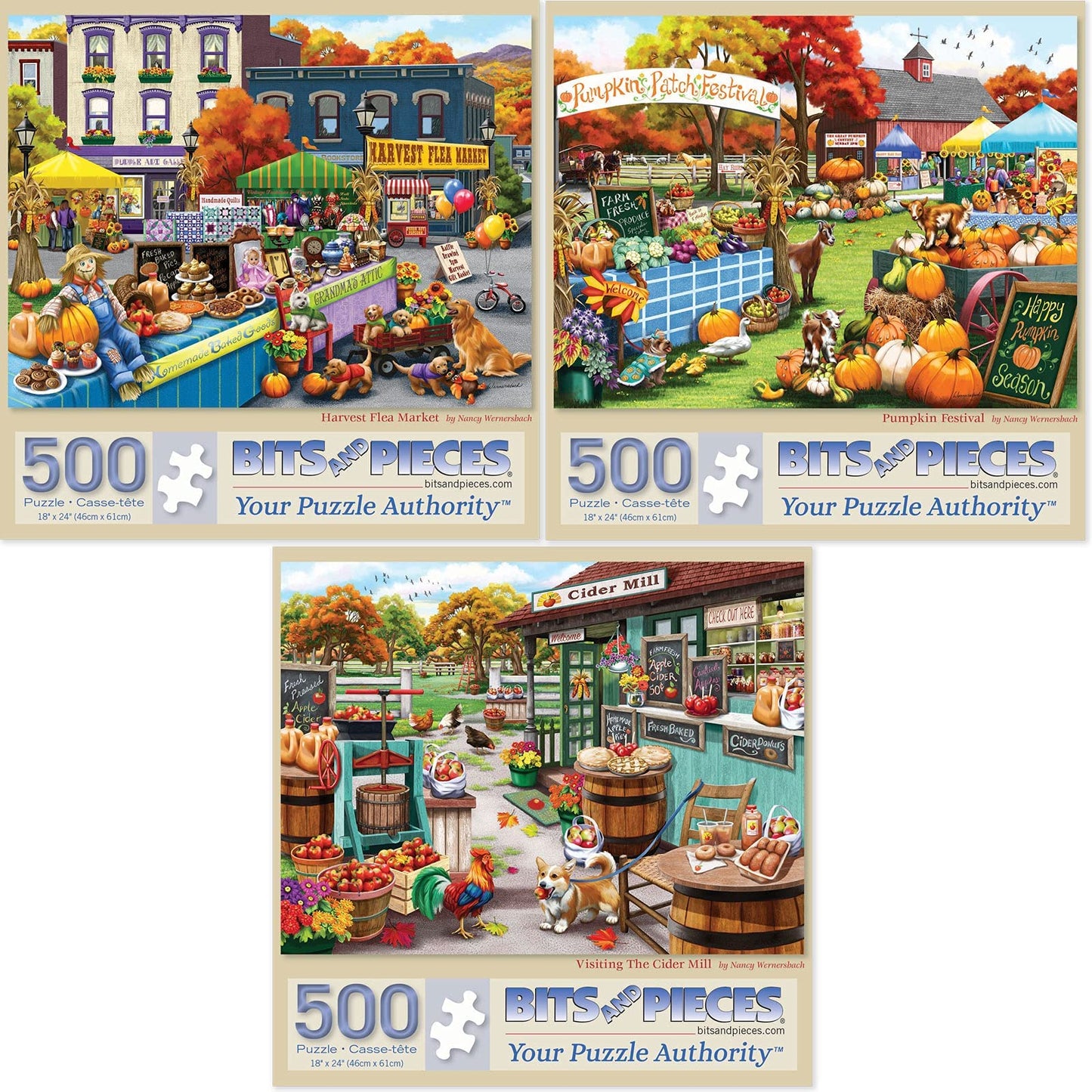 Bits and Pieces - Value Set of Three 500 Piece Jigsaw Puzzles for Adults - Harvest Flea Market, Pumpkin Festival, Visiting The Cider Mill Artist Nancy