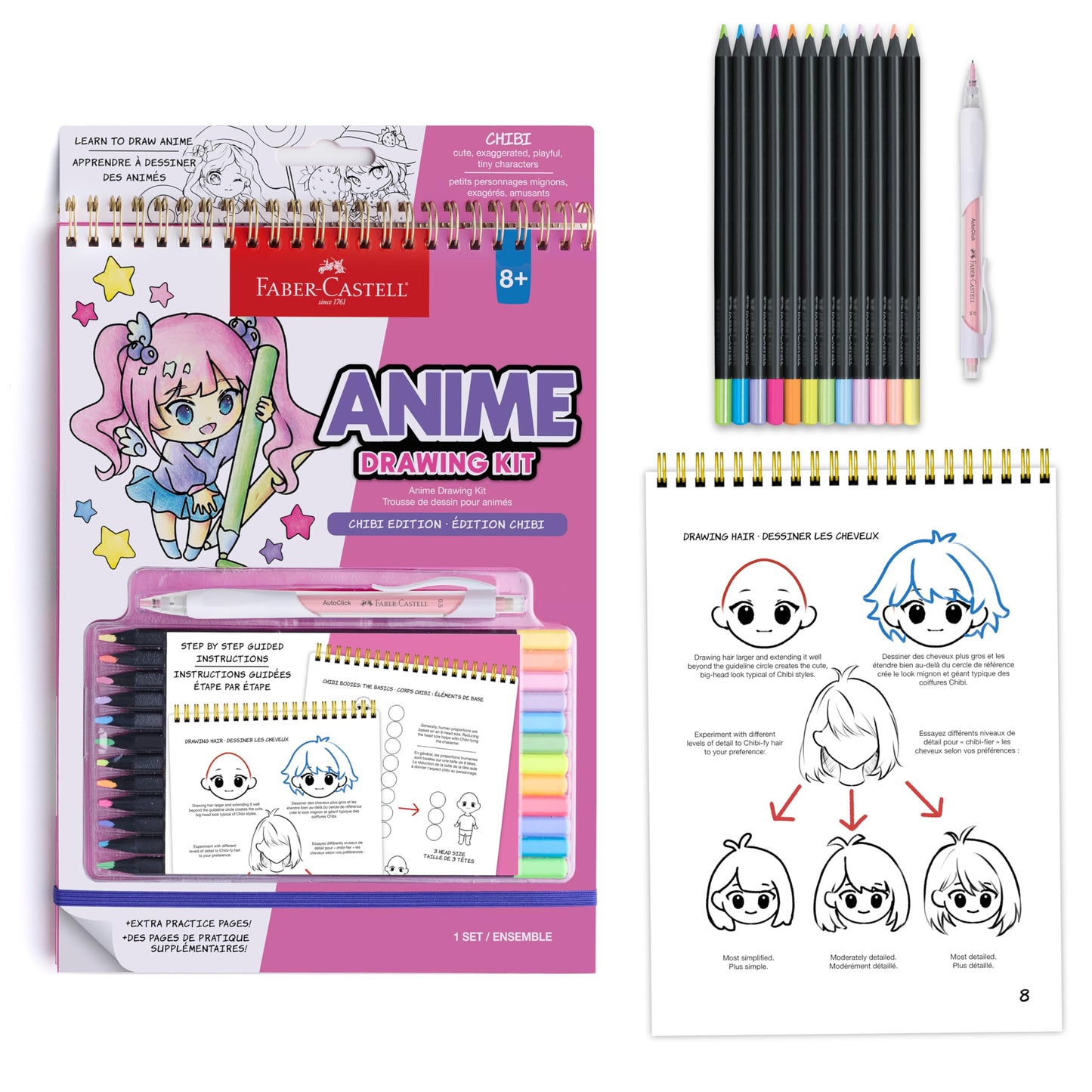 Faber-Castell Anime Drawing Kit: Chibi Edition | Step-by-Step Instruction Book with 20 Practice Pages, Color Pencil Set & Drawing Supplies for Kids