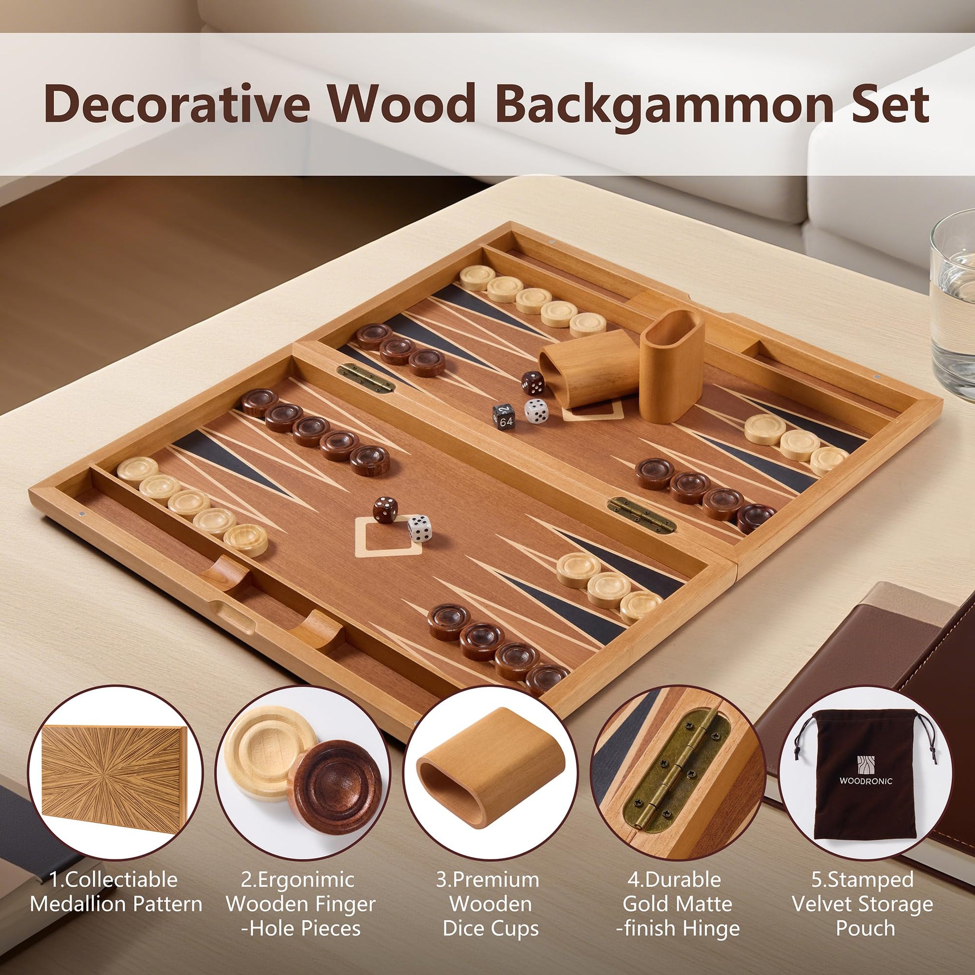 Wood Backgammon Set for Adults - 17 Inch Classic Strategy Board Game Case - Premium Folding Backgammon Set with Wooden Playing Pieces, Dices