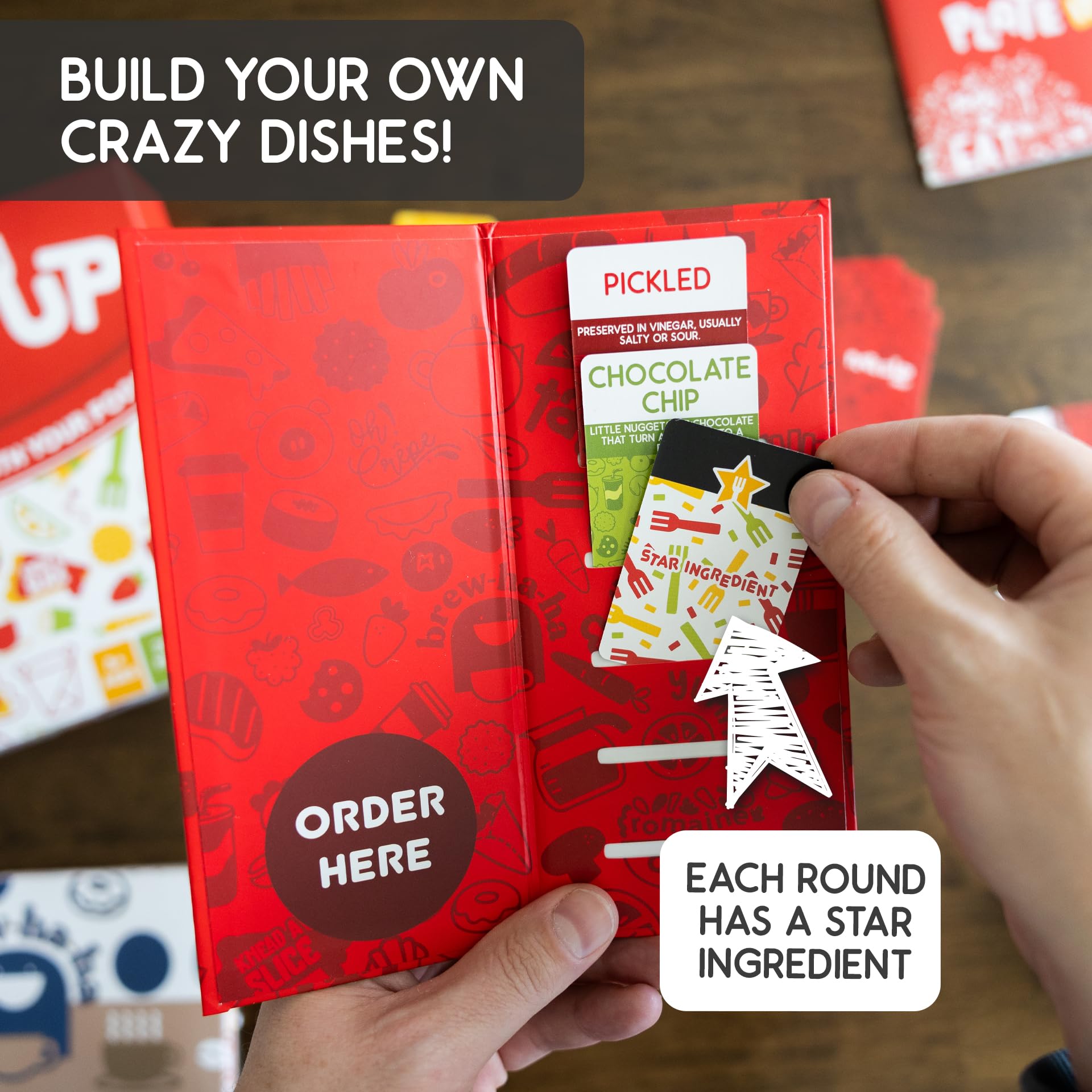 Blue Wasatch Games Plate It Up - Invent Crazy Foods, Order Your Favorite, Laugh and Win | Includes Over 350 Foods and Fun Scenarios | Ages 8+ | 3-6