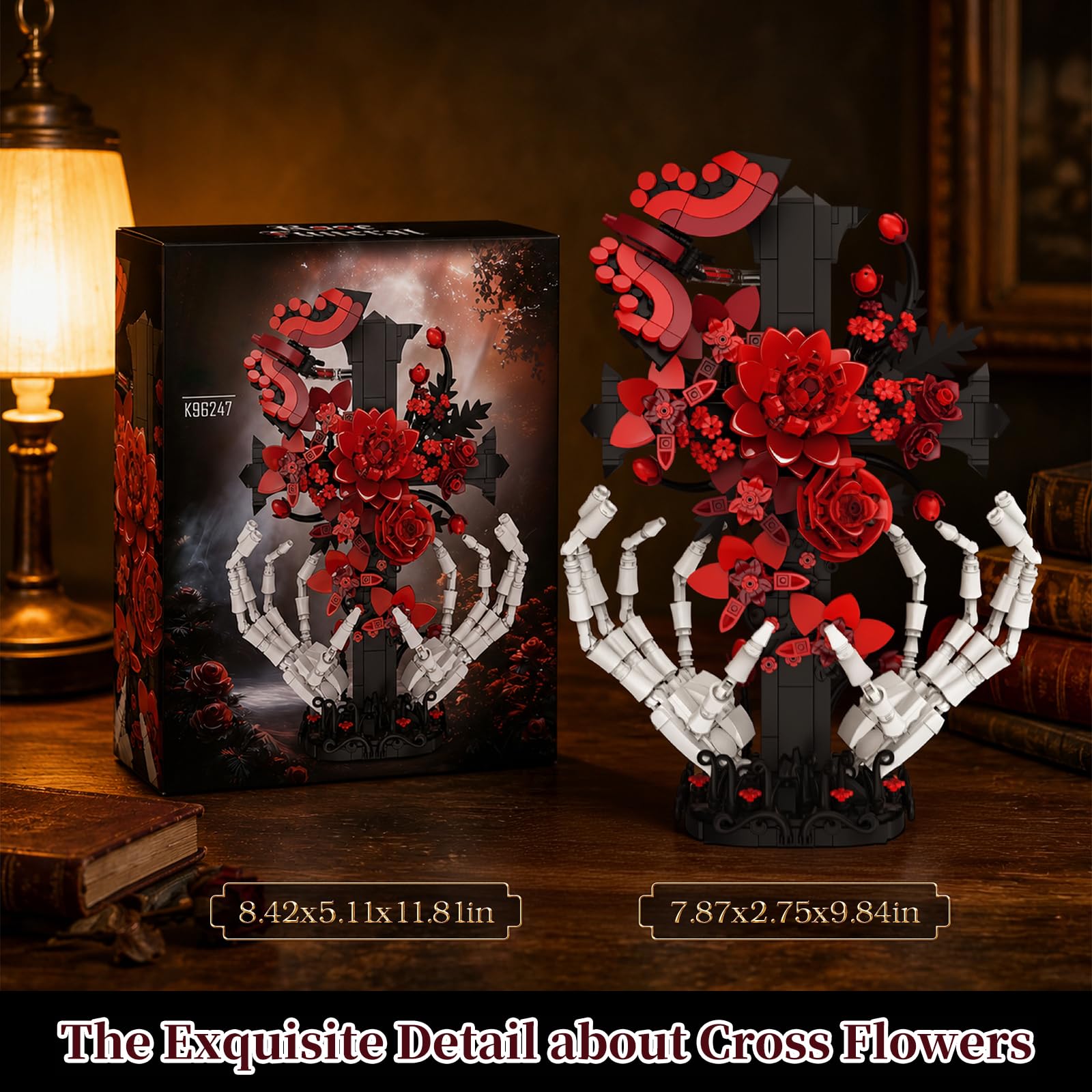 HIGH GODO Skull Flowers Rose Building Set with Skull Hand, Horror Gothic Rose Home Office Decor with Cross, Halloween Fathers Day Birthday Gifts
