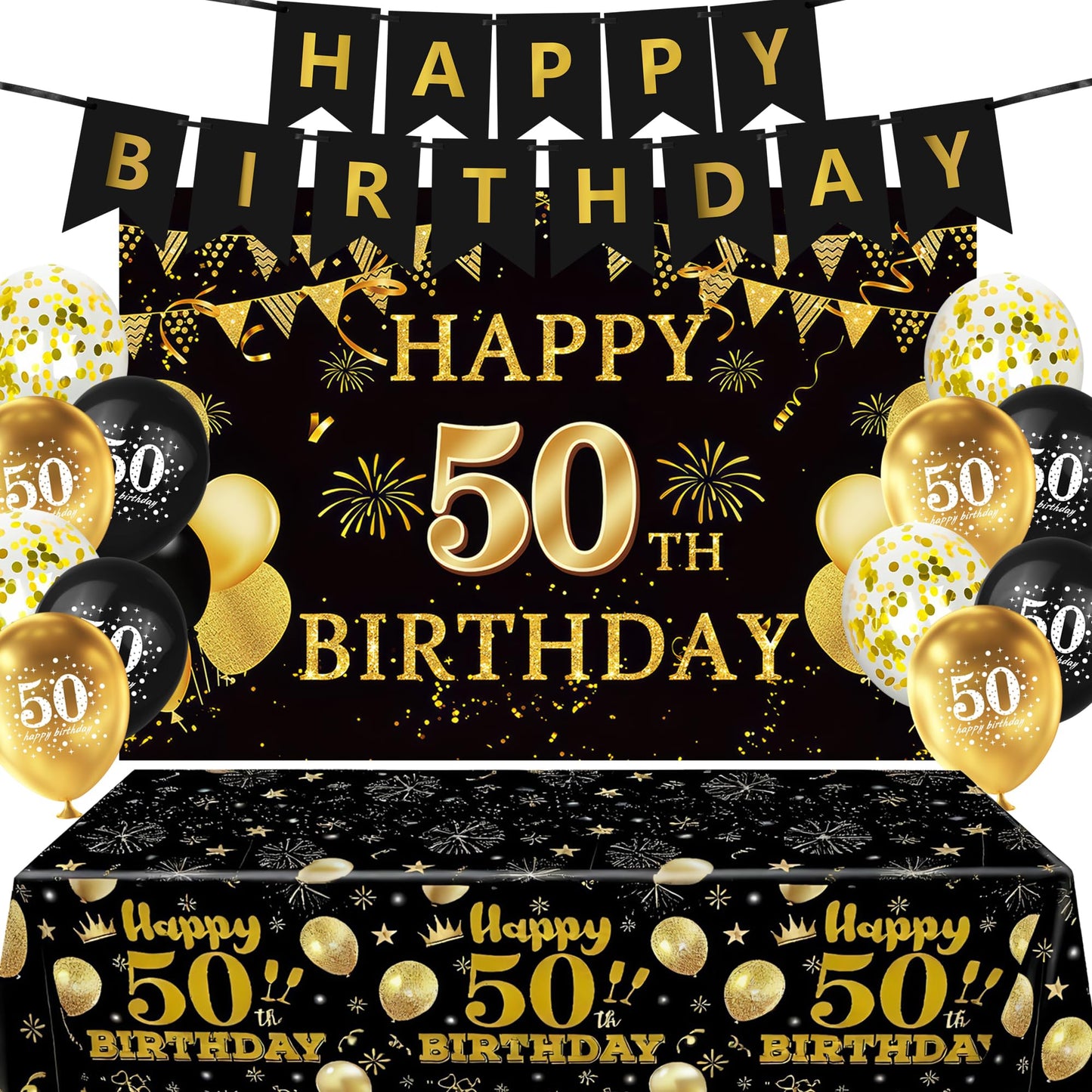 15 PCS Black Gold 50th Birthday Party Decorations 50th Happy Birthday Banner Backdrop for Men Women Birthday Photo Booth Supplies