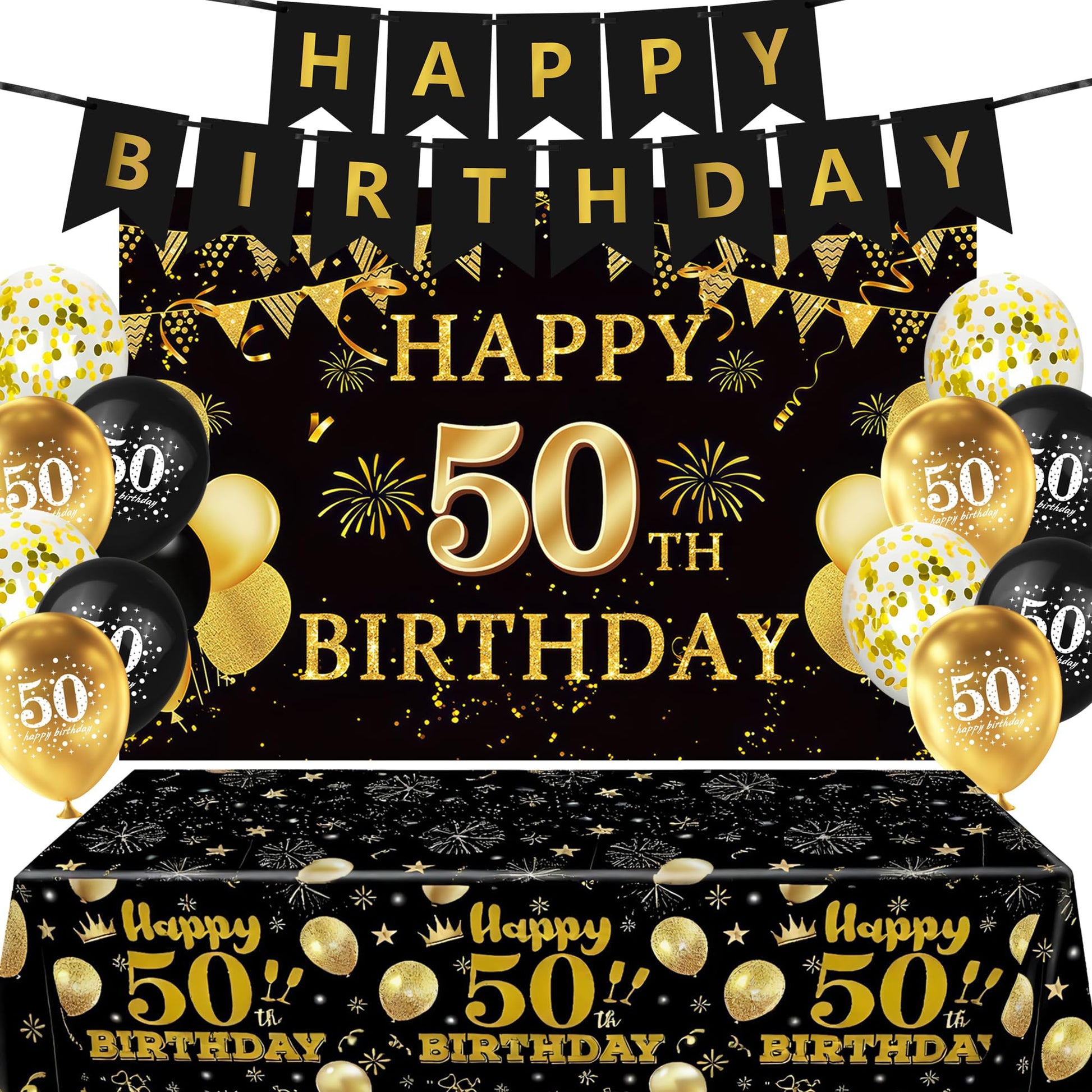 15 PCS Black Gold 50th Birthday Party Decorations 50th Happy Birthday Banner Backdrop for Men Women Birthday Photo Booth Supplies