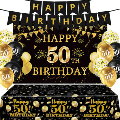 15 PCS Black Gold 50th Birthday Party Decorations 50th Happy Birthday Banner Backdrop for Men Women Birthday Photo Booth Supplies