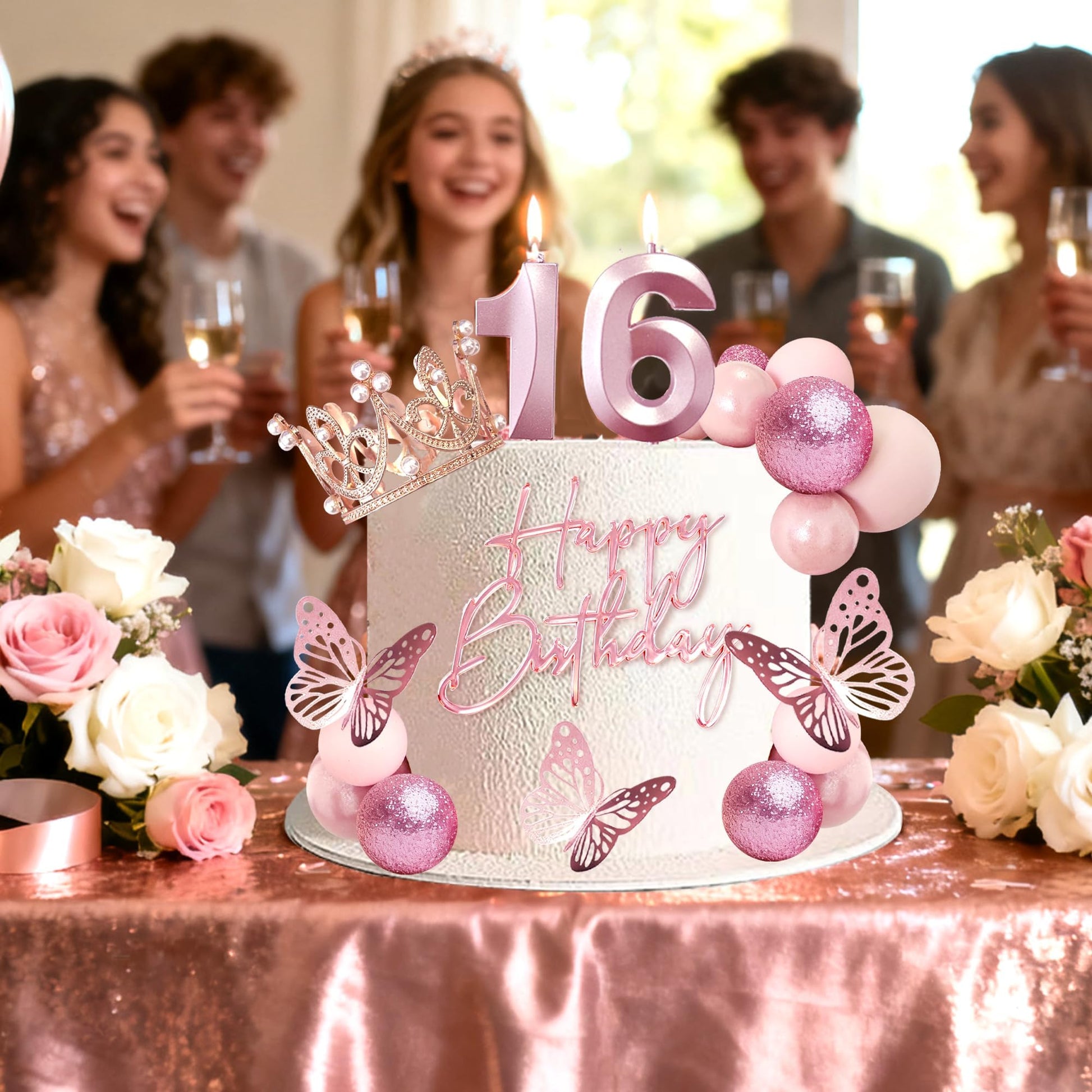 16th Birthday Rose Gold Cake Topper Set Sweet 16 Candles Cake Decorations
