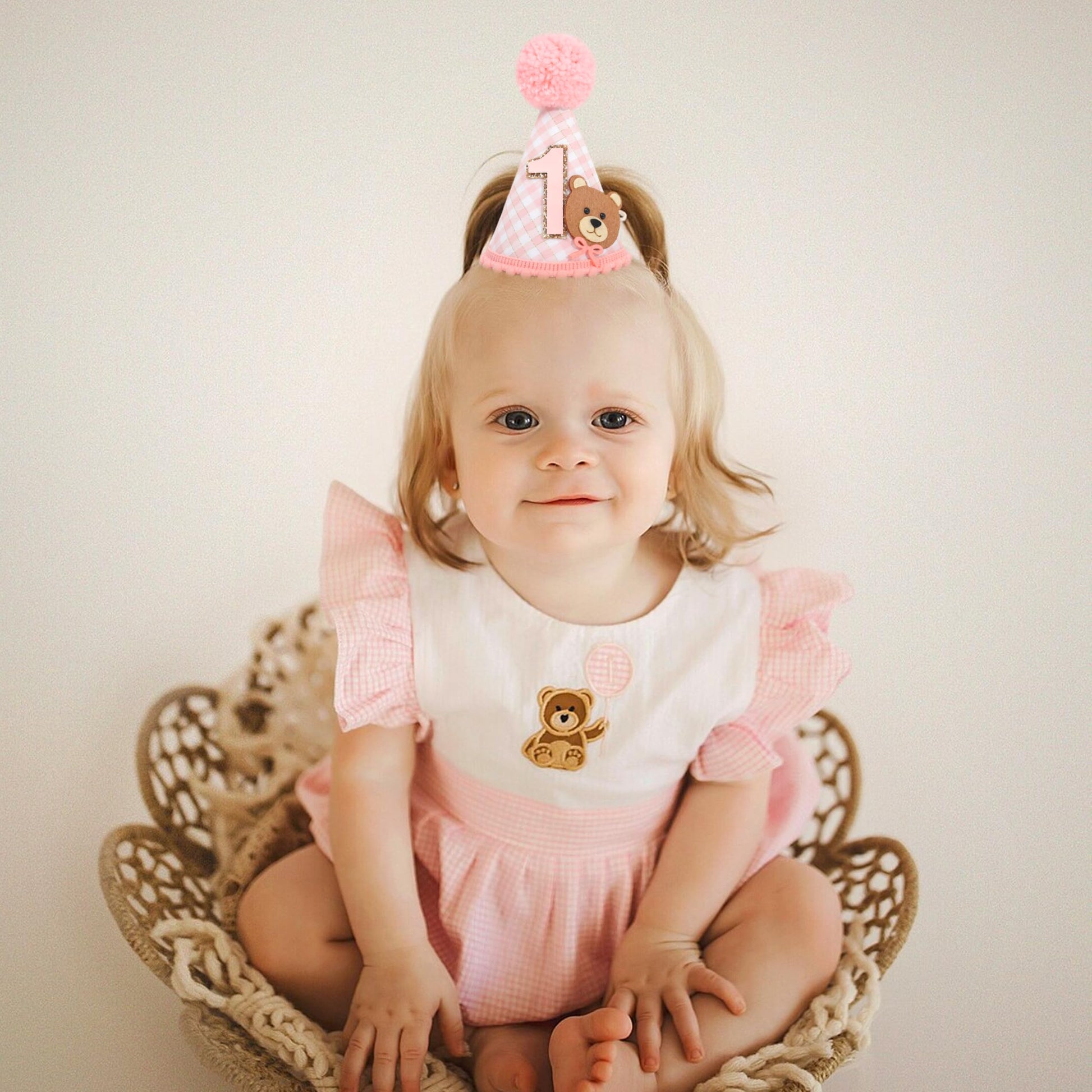 Agvgaza Bear 1st Birthday Hat for Boys & Girls - First Party Hat, Cute Twin Bear Theme for Baby Showers & Birthday Decorations (Pink)