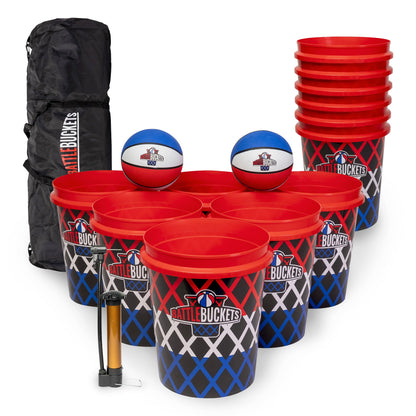 Battle Buckets - Giant Yard Pong and Basketball Game with 12 Buckets, 2 Balls, Carrying Bag, and Air Pump - Outdoor Game for Lawn, Backyard, Beach