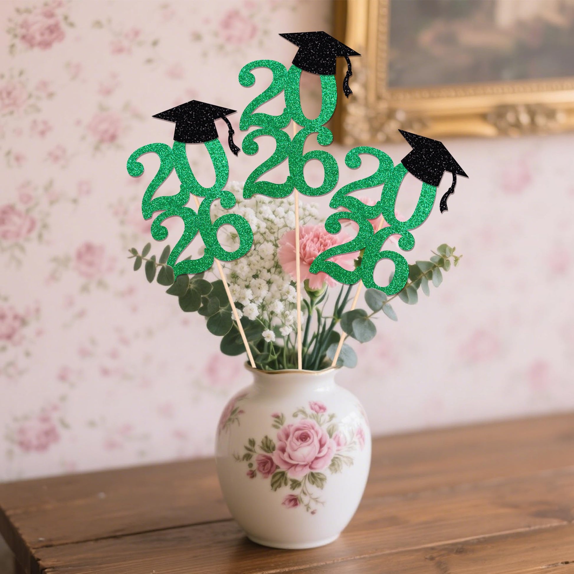 Class of 2026 Graduation Centerpieces, 10 Pcs Green Glitter 2026 Centerpieces with Graduation Cap, Congrats Grad Party Decorations for Cake, Dessert