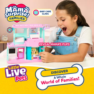Little Live Pets Mama Surprise Families Pet Vet Playset, Baby Care Clinic Animal Hospital Play Set, 3 Puppies, Accessories, Vet Toys for Kids 5+