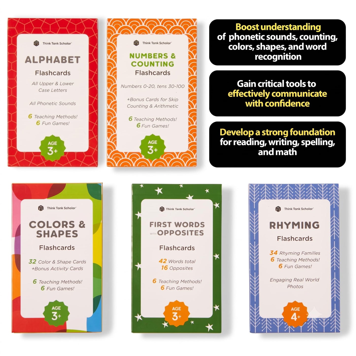 Award-Winning Flash Cards for Preschool & Kindergarten - 5-Deck Set, 180 Jumbo Cards - Learn Alphabet, Numbers, Colors, Shapes, First Words, Opposites
