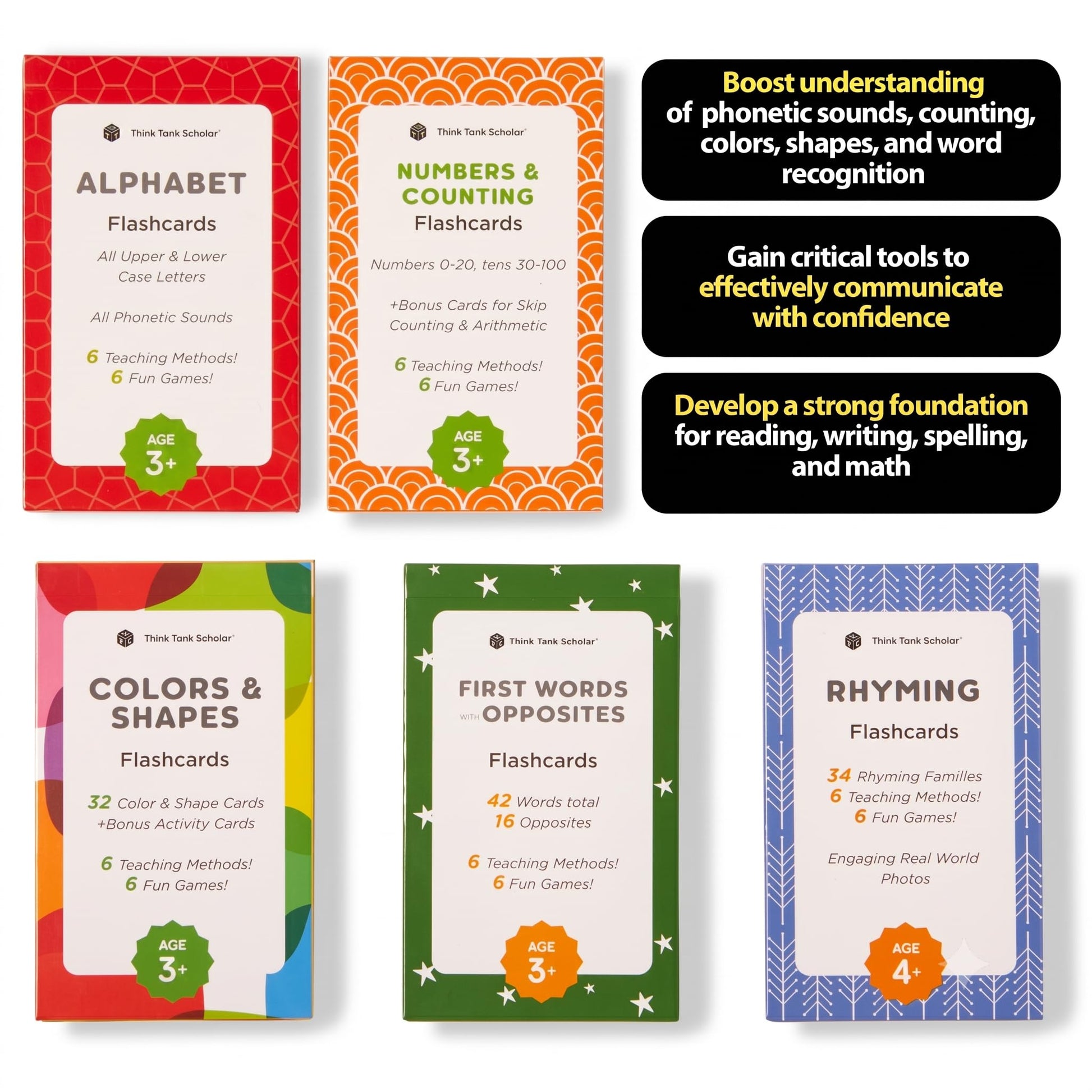 Award-Winning Flash Cards for Preschool & Kindergarten - 5-Deck Set, 180 Jumbo Cards - Learn Alphabet, Numbers, Colors, Shapes, First Words, Opposites