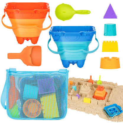 HUGCATY Beach Toys, Collapsible Sand Toys - 9pcs Sand Castle Building Kit: Foldable Sand Buckets, Shovels, Castle Molds & Packable Mesh Bag - Sandbox