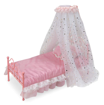 Badger Basket Starlights Metal Doll Bed - LED Canopy Bed Set Fits 18 Inch Dolls - Includes Mesh Drapes Decorative Pillows Reversible Blanket - Pretend