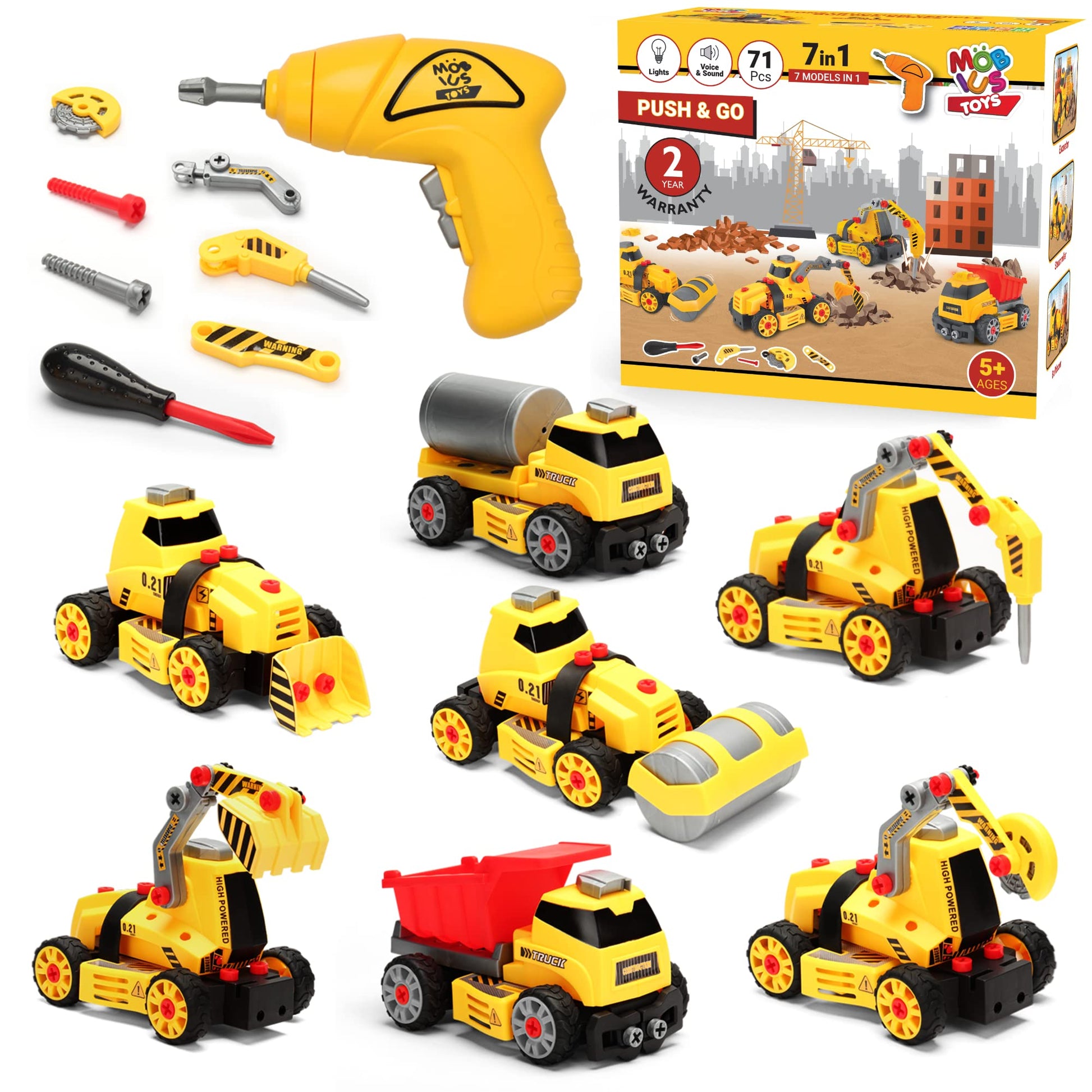 MOBIUS Toys 7-in-1 Take-Apart Truck Construction Set - STEM Building Toy w/Drill, Lights & Sounds - Buildable Dump Truck, Excavator & More