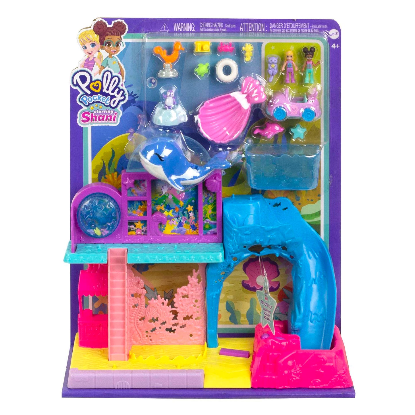 Polly Pocket Pollyville Aquarium Set With Shani, With Two Dolls, Small Car And 11 Accessories Including 8 Sea Animals, Children's Toy, From 3 Years,