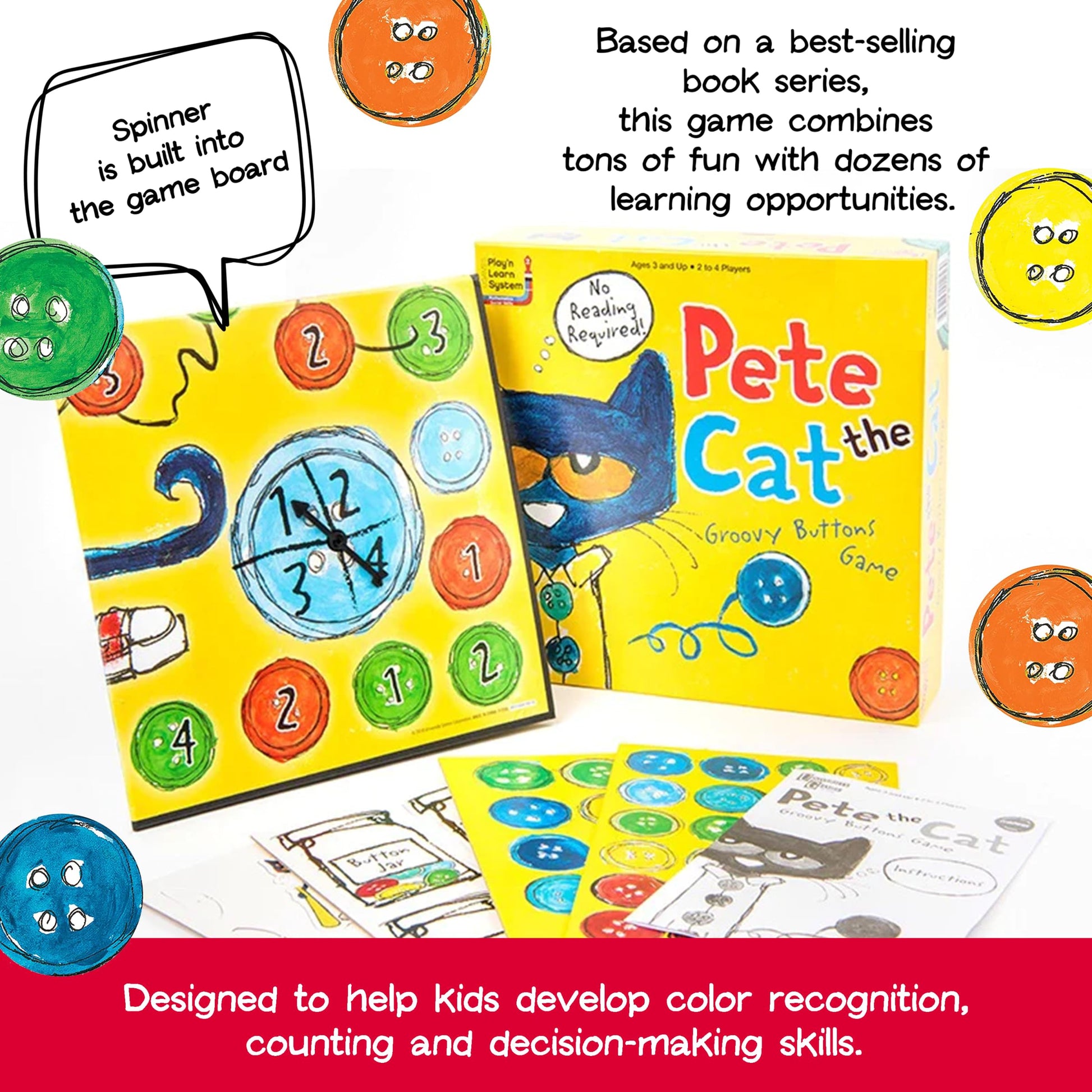 Pete the Cat Groovy Buttons Game from Briarpatch, Collect Buttons and Fill Your Jar, For Ages 3 and Up and 2 to 4 Players