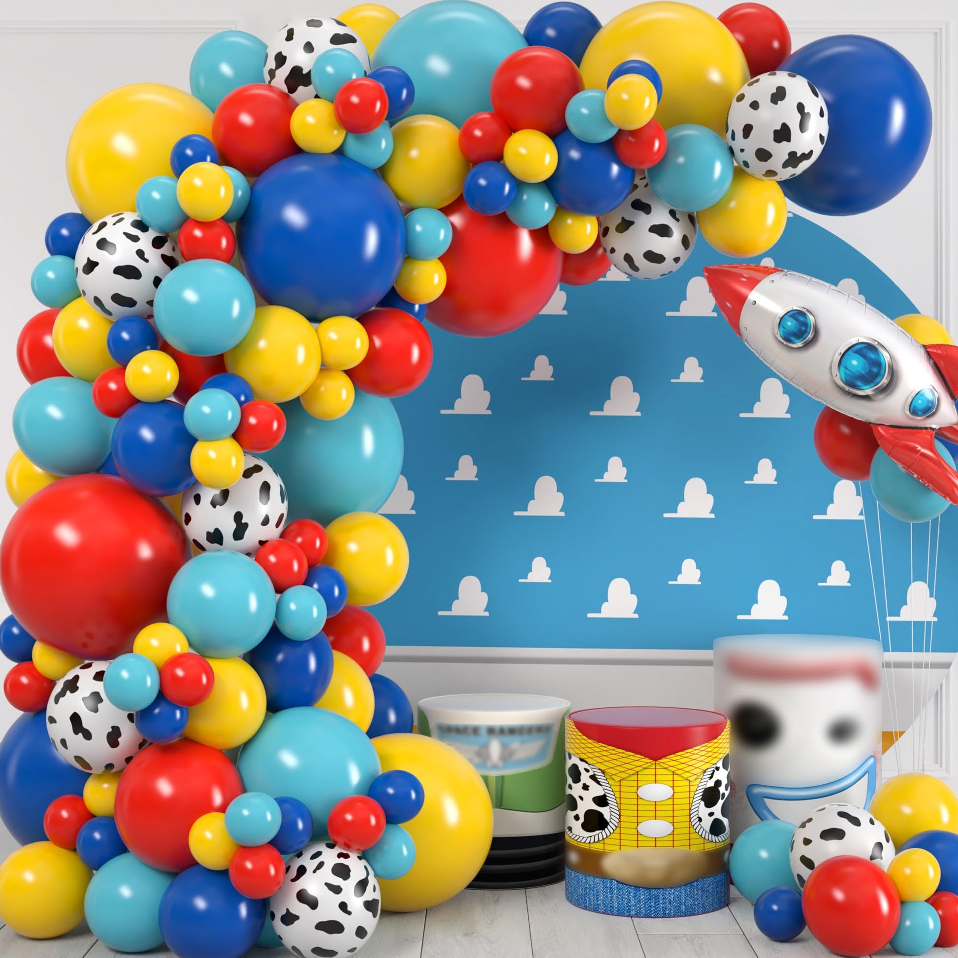 ALL-IN-1 Toy theme Inspired Balloons Garland Kit & Arch with BONUS Rocketship for Birthday Party and Baby Shower Decorations - Red Blue and Yellow