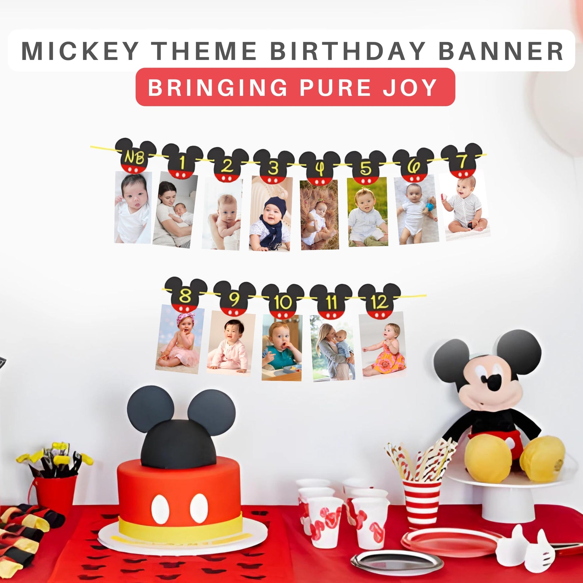 Mickey 1st Birthday Photo Banner - New Born to 12 Month First Birthday Banner - Mickey 1st Birthdays Decorations - Boy First Birthdays Decorations