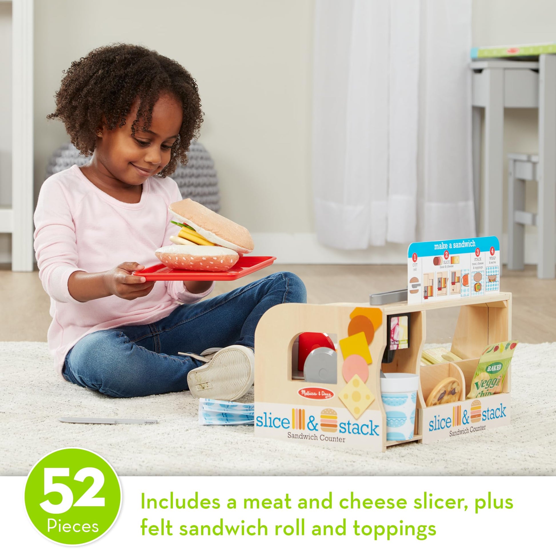 Melissa & Doug Slice-Stack-Serve, Wooden Sandwich Counter Pretend Play Store with Play Food Toys, Play Money & Deli Slicer, Preschool Toys for Kids 3+