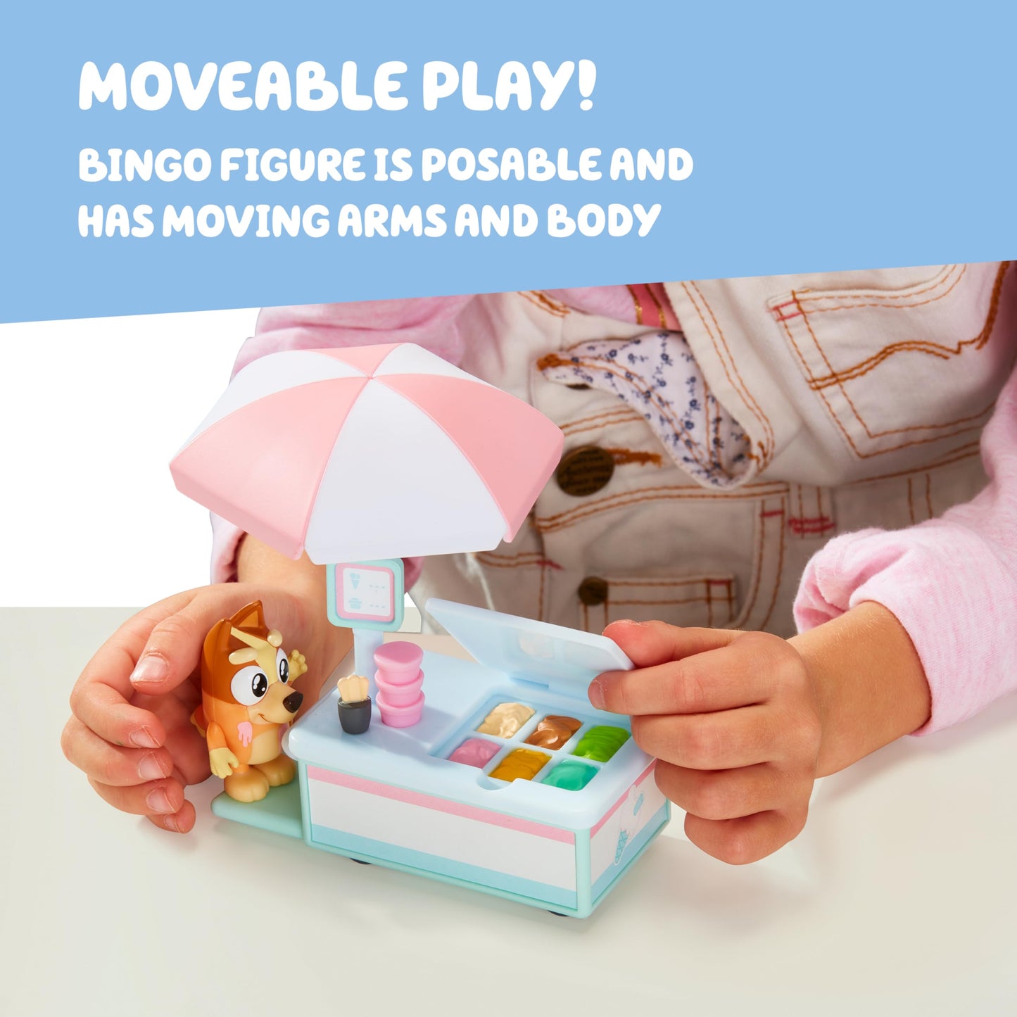 Bluey Vehicle & Figures Ice Cream Cart Toy Playset, Portable Ice Cream Push Cart with 2.5” Articulated Bingo Figure, Play Food Truck for Kids Ages 3+
