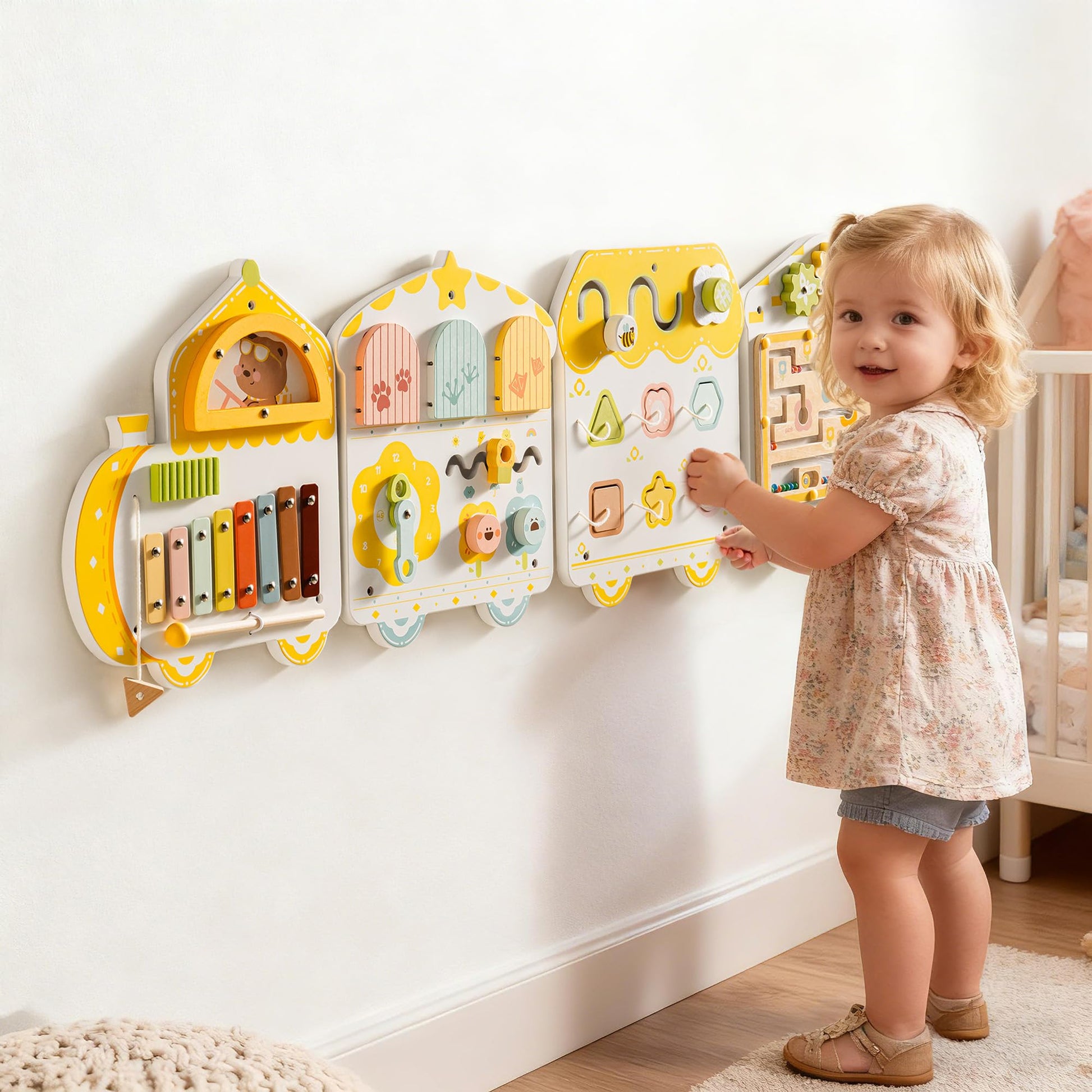 ROBUD Activity Wall Busy Board, Spring Train Montessori Busy Board, 12-in-1 Wooden Sensory Wall Panel, Montessori Sensory Wall Panel for Boys & Girls