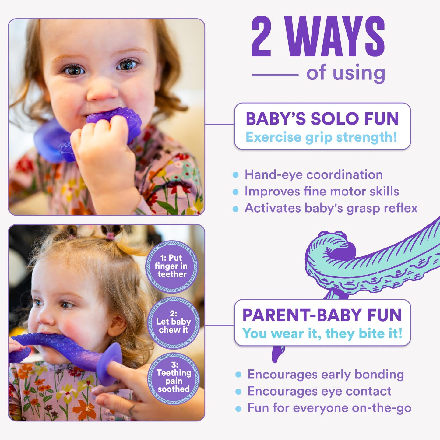 Tentacle Teether - Made in USA Medical Grade Silicone Teether for Infants - Multi-Stage Molar Relief & Interactive Parent-Finger Fit - 0-24 Months